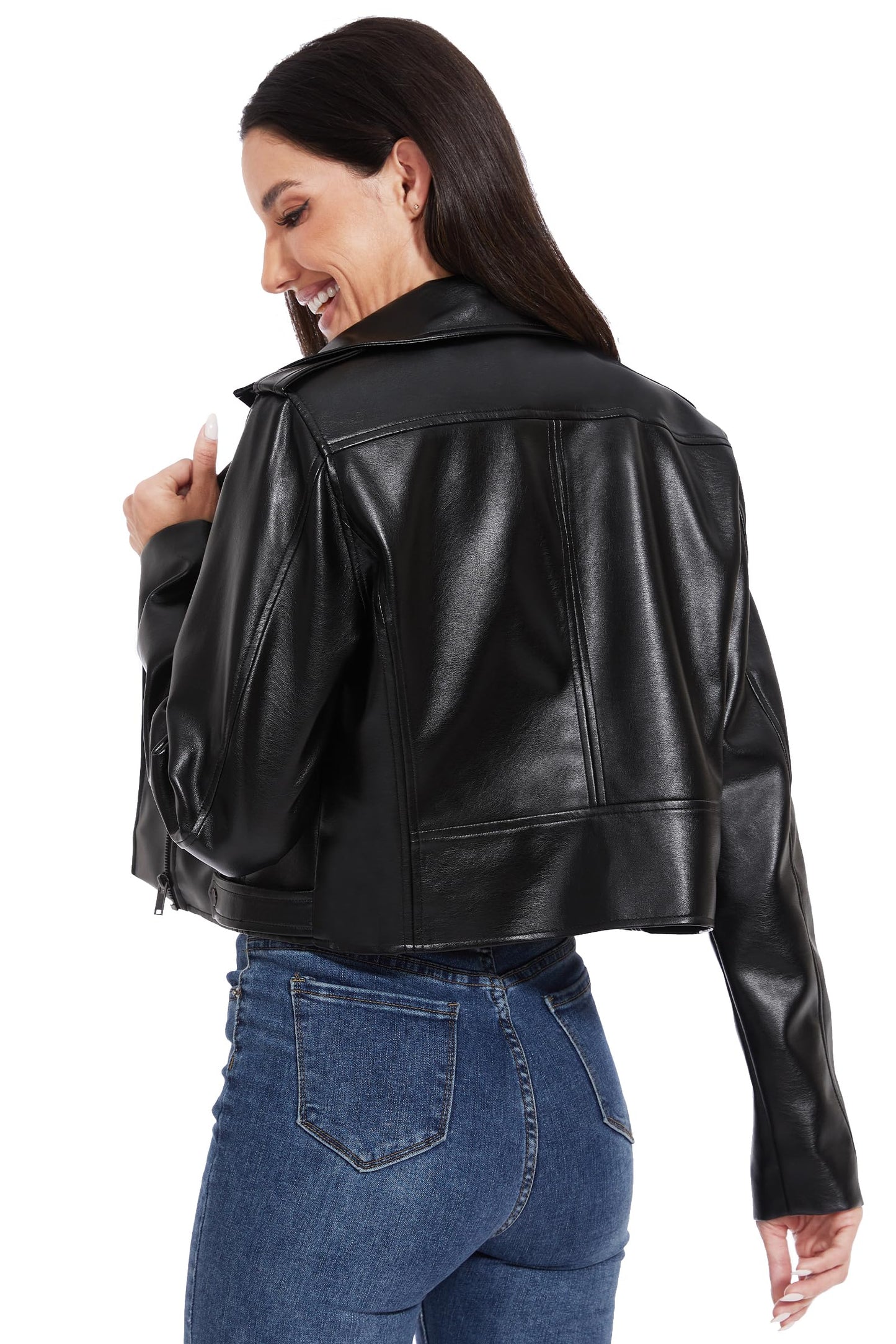 Fahsyee Faux Leather Jacket Women - Black Bomber Motorcycle Cropped Coat Moto Biker Blazer Casual Pleather Jackets Fashion L