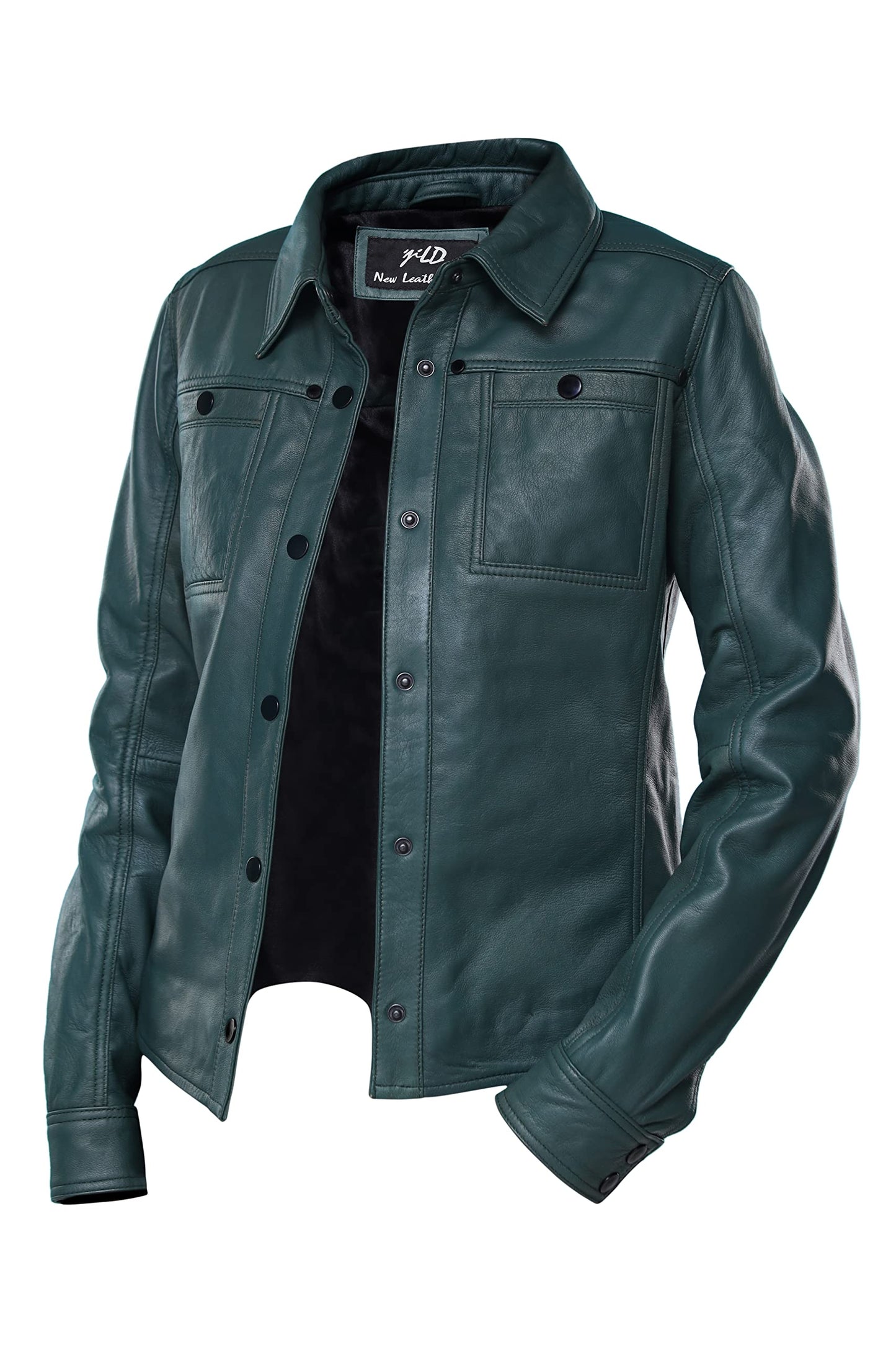 Jild Womens Button Front Lambskin Leather Jacket Shacket - Casual Shirt Long Sleeve Leather Jacket Women with Bust Pocket (Green-L)
