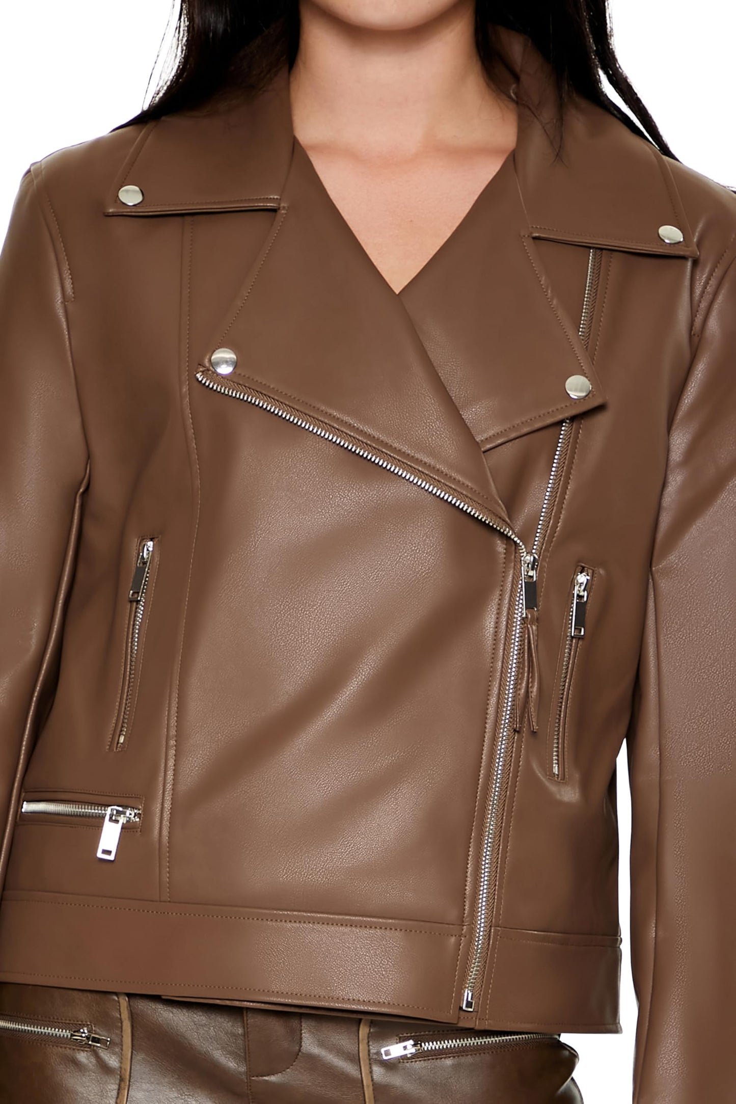 Forever 21 Women's Faux Leather Zip-Up Moto Jacket Espresso Small