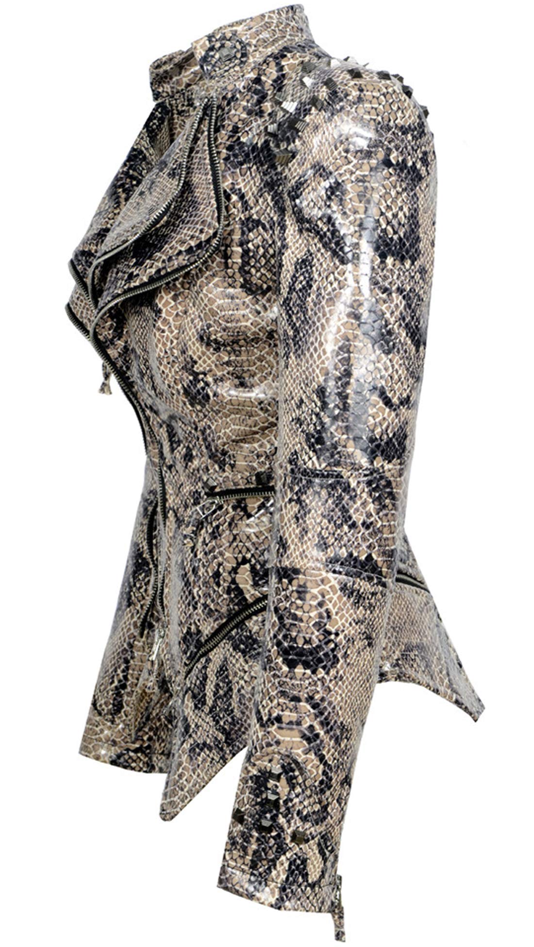 chouyatou Women's Fashion Snake Pattern Print Studded Moto Pu Leather Biker Jacket (Small, Snake-Skin)