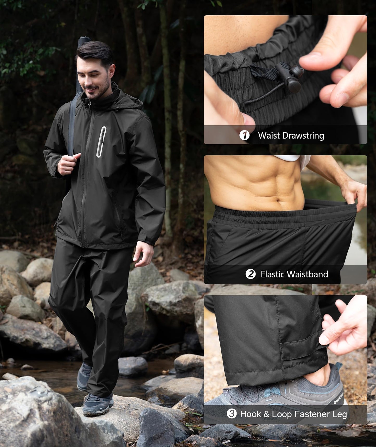 SWISSWELL Men's Waterproof Golf Rain Suit Rain Gear Jacket and Pants Fishing Lightweight Hooded Raincoat Big and Tall S-5XL Black L