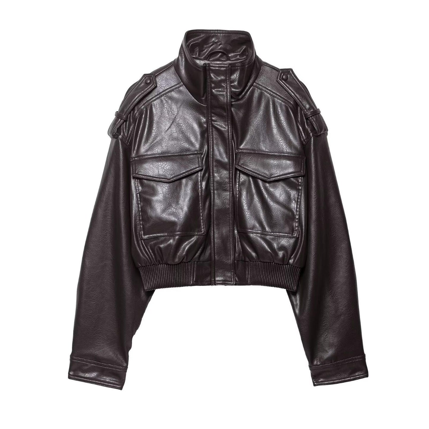 FindThy Women’s Cropped Faux Leather Jacket Vintage Stand Collar Long Sleeve Zip Up Fall Fashion Motorcycle Bomber Coats(4212-Brown-M-aLB)