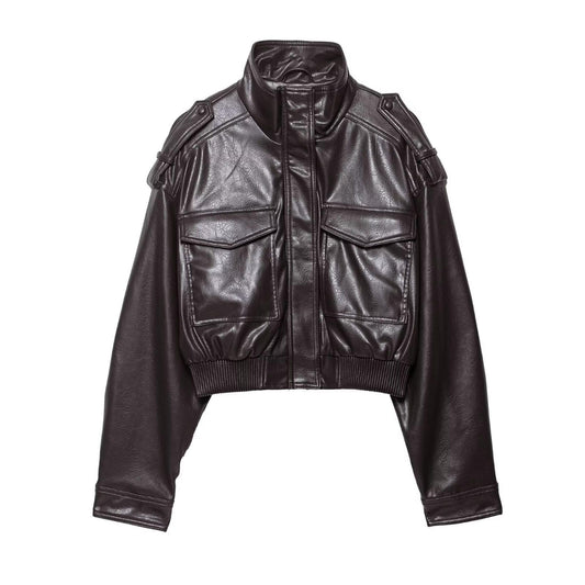 FindThy Women’s Cropped Faux Leather Jacket Vintage Stand Collar Long Sleeve Zip Up Fall Fashion Motorcycle Bomber Coats(4212-Brown-M-aLB)