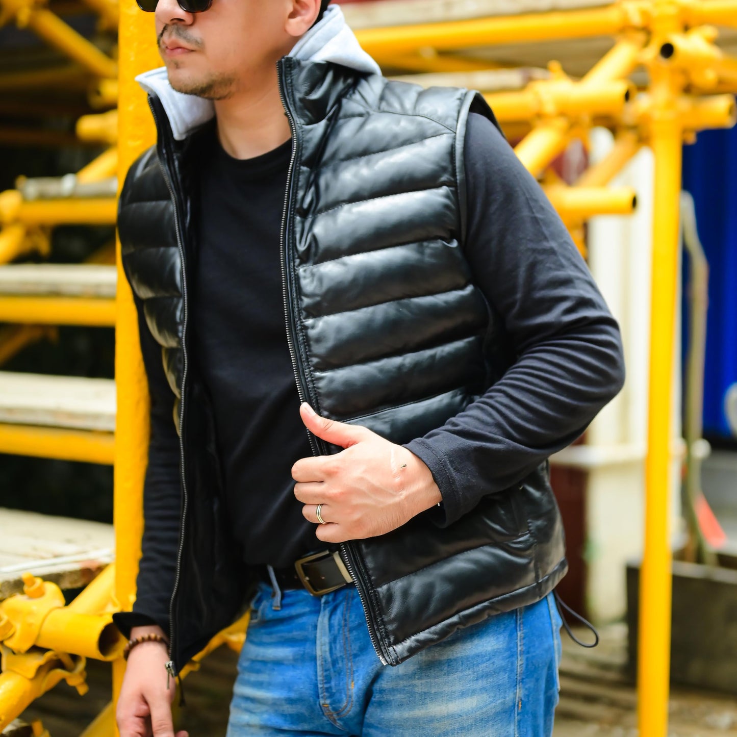 Jild Lambskin Leather Puffer Vest with Removable Hood - Stand Collar Casual Style Sleeveless Leather Jacket Men (Puffer-Blk-L)
