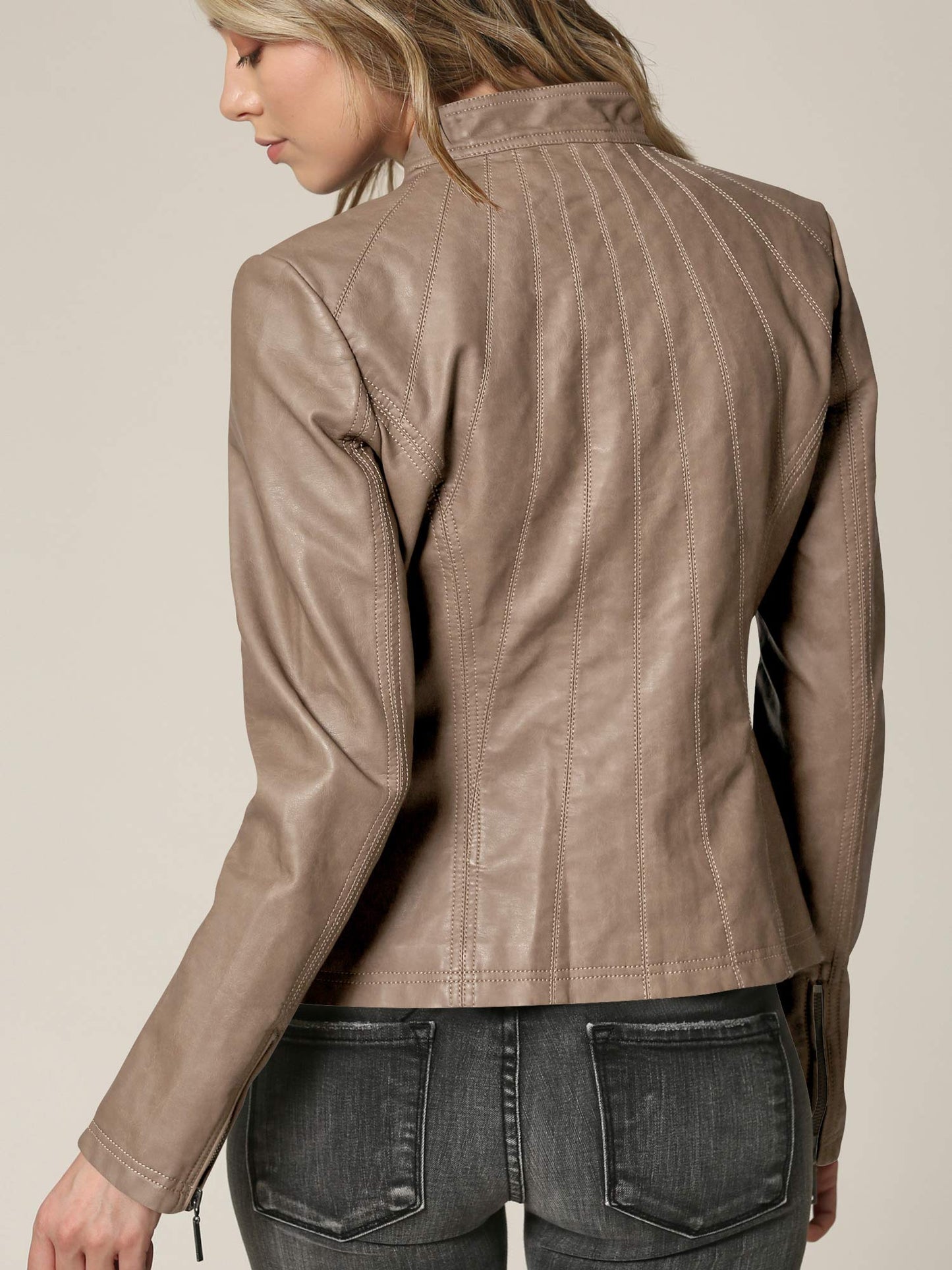 Made By Johnny MBJ WJC877 Womens Panelled Faux Leather Moto Jacket XL Khaki