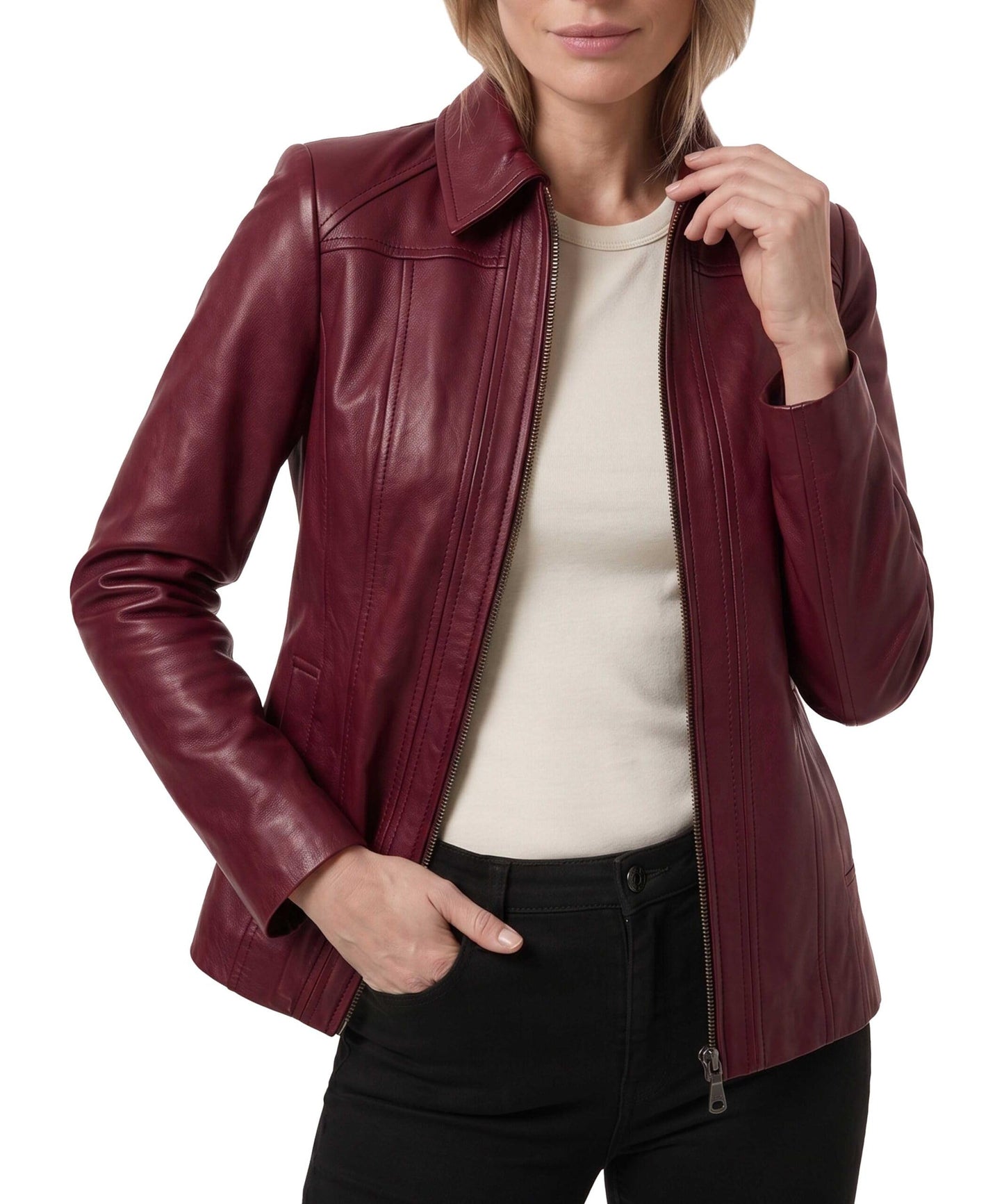 TRENDS GENESIS Maroon Leather Car Coat Women Genuine Lambskin Long Leather Jacket Classic Outerwear XL