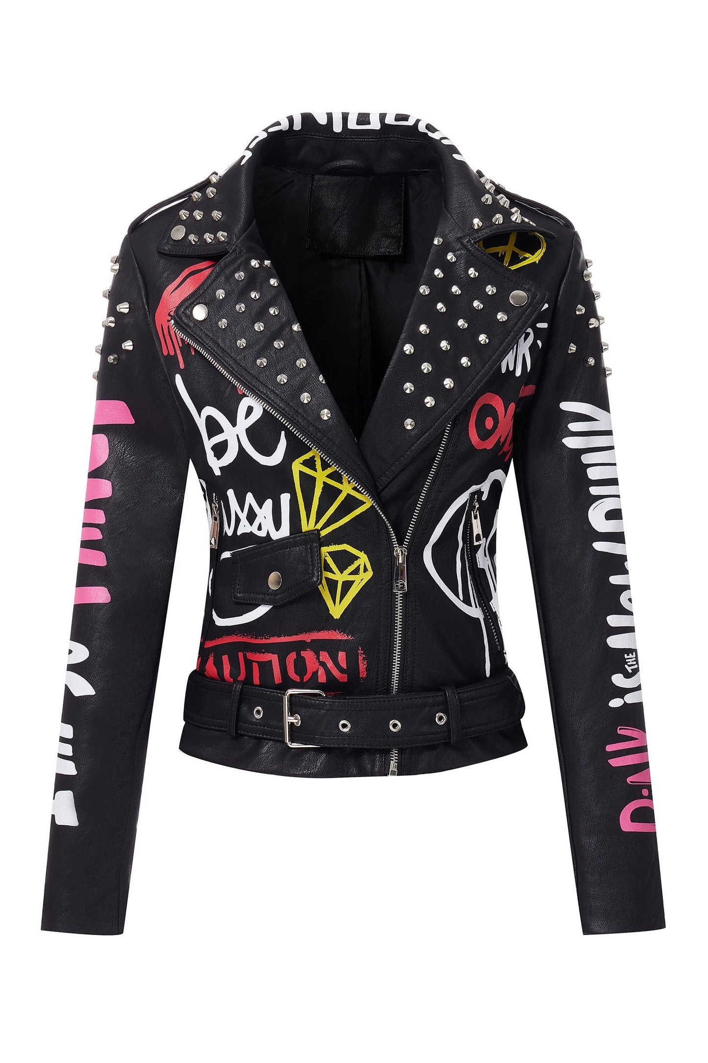 RISISSIDA Studded Leather Jacket Women Moto Motorcycle Faux Leather Short Coat Black 0480 M