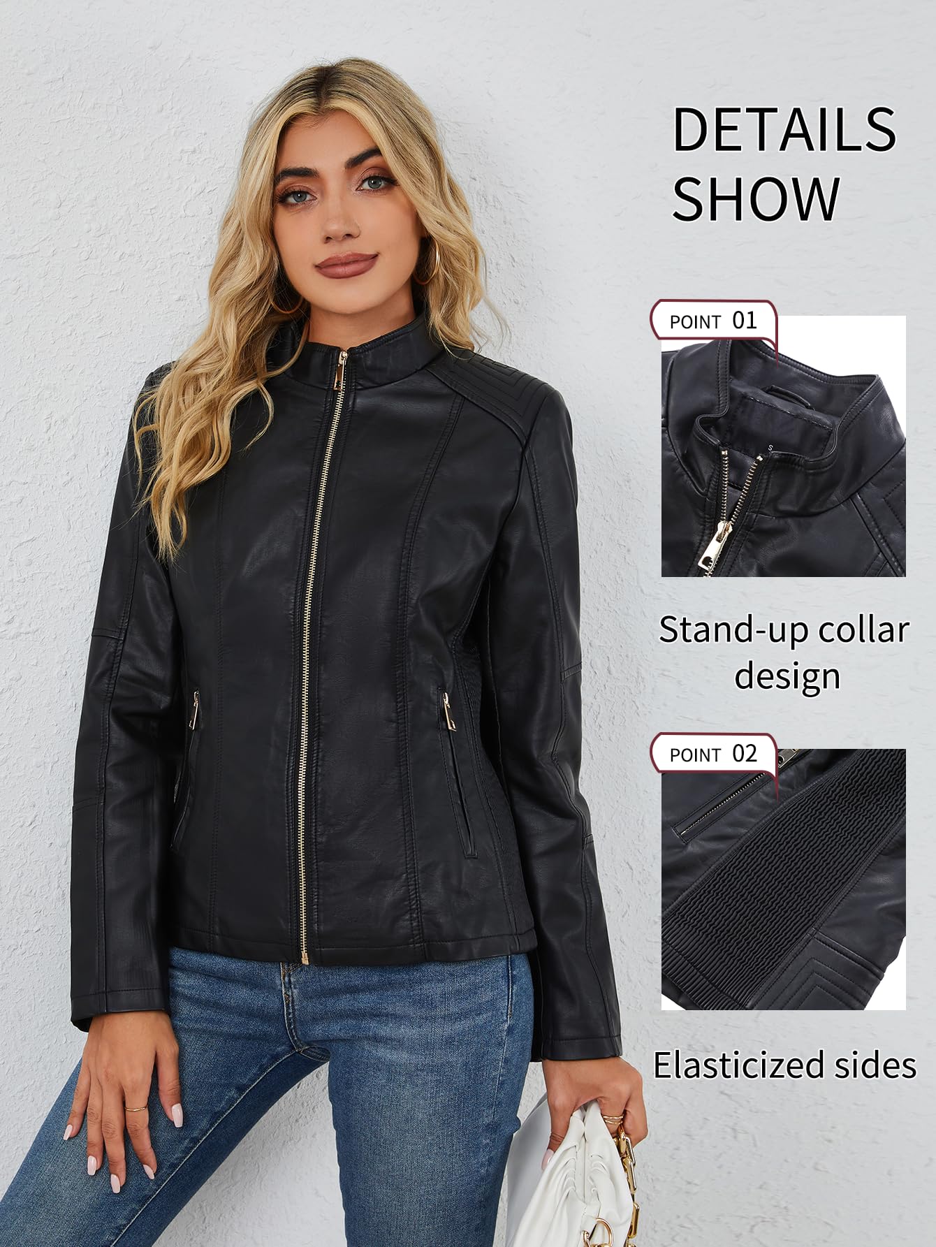 Bellivera Faux Leather Women Motorcycle Stand Collar Jacket Black L