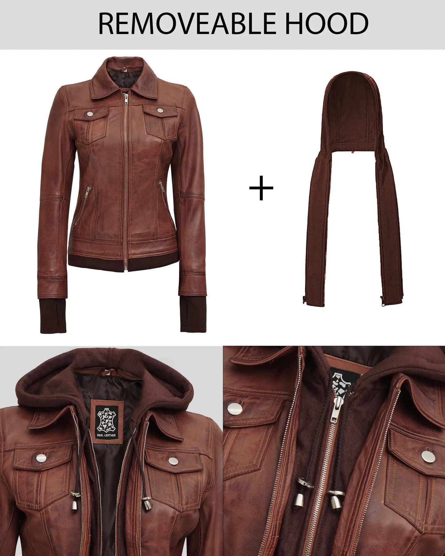 Decrum Leather Jacket with Hood - Genuine Leather Jacket Women | [1314744] Tralee Brown, L