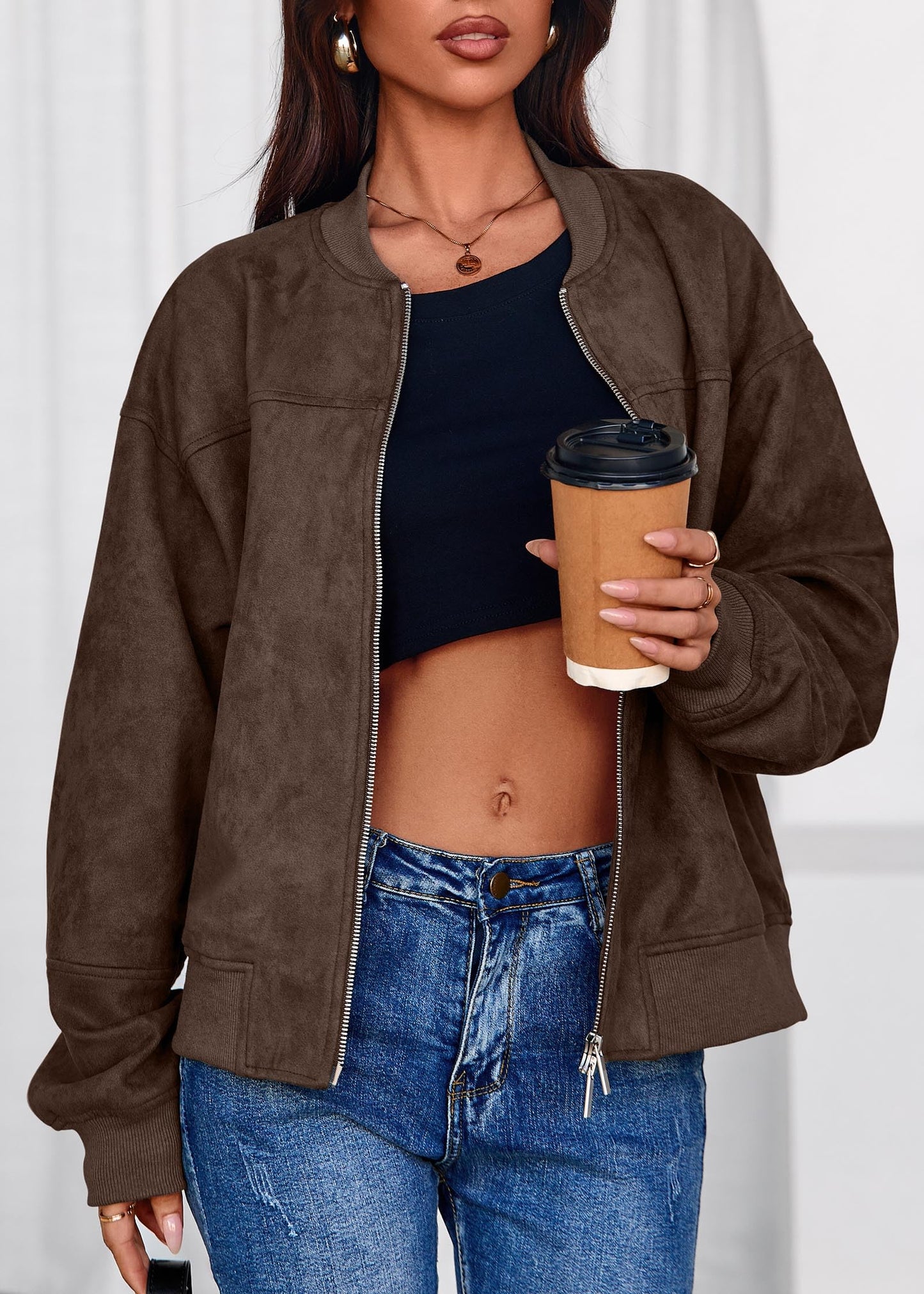 Lazysmile Women's Faux Suede Bomber Jackets Fall Fashion Outfits Winter Clothes Stand Collar Zip Up Coats Outwear with Pockets
