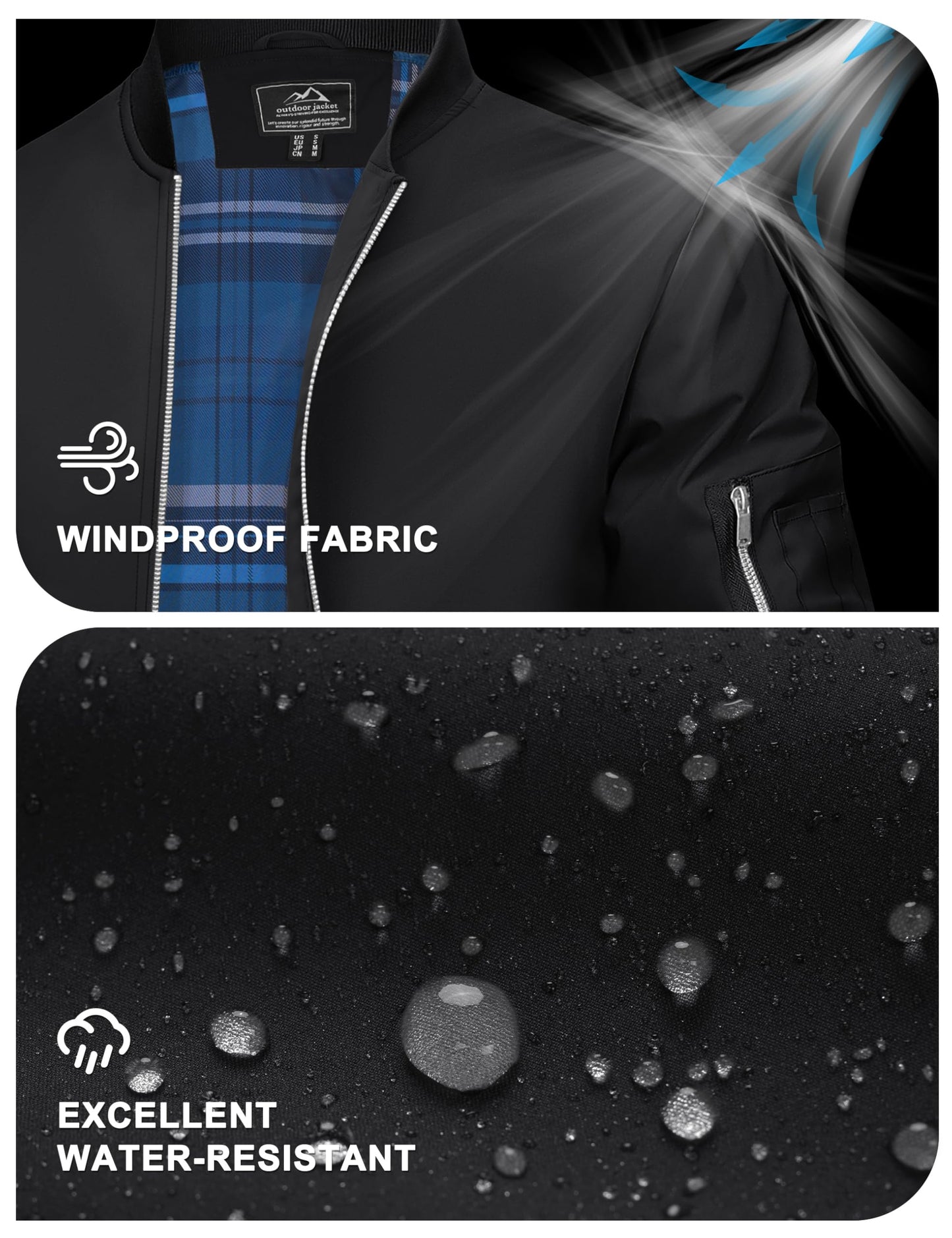 TACVASEN Bomber Jacket Men Black Jacket for Men Lightweight Lined Windbreaker Casual Outdoor Windproof Full Zip Warm Coats