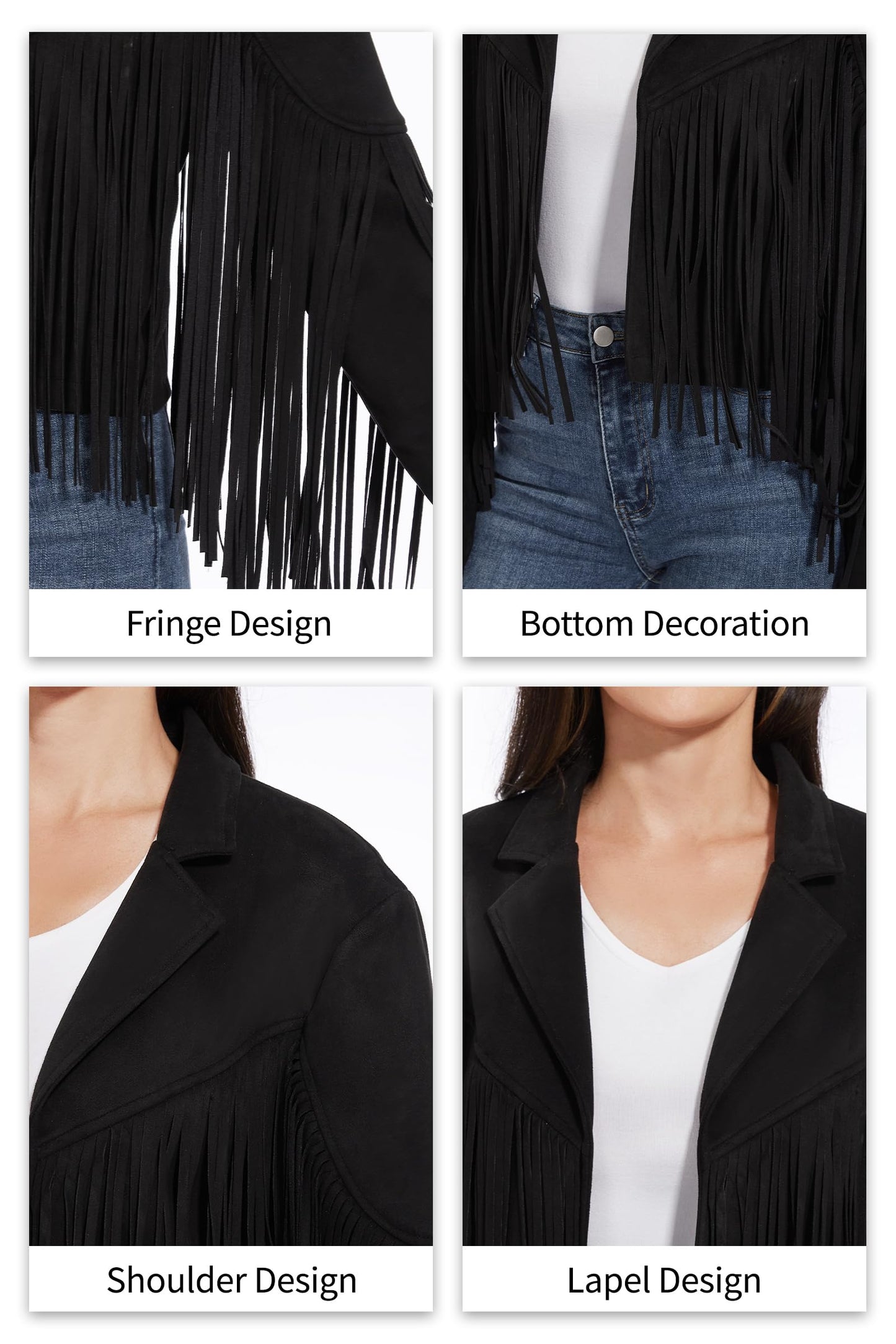 Fahsyee Fringe Leather Jacket Women, Western Cowgirl Outfits for Women Country Concert Wear Suede Cropped Coat Black L