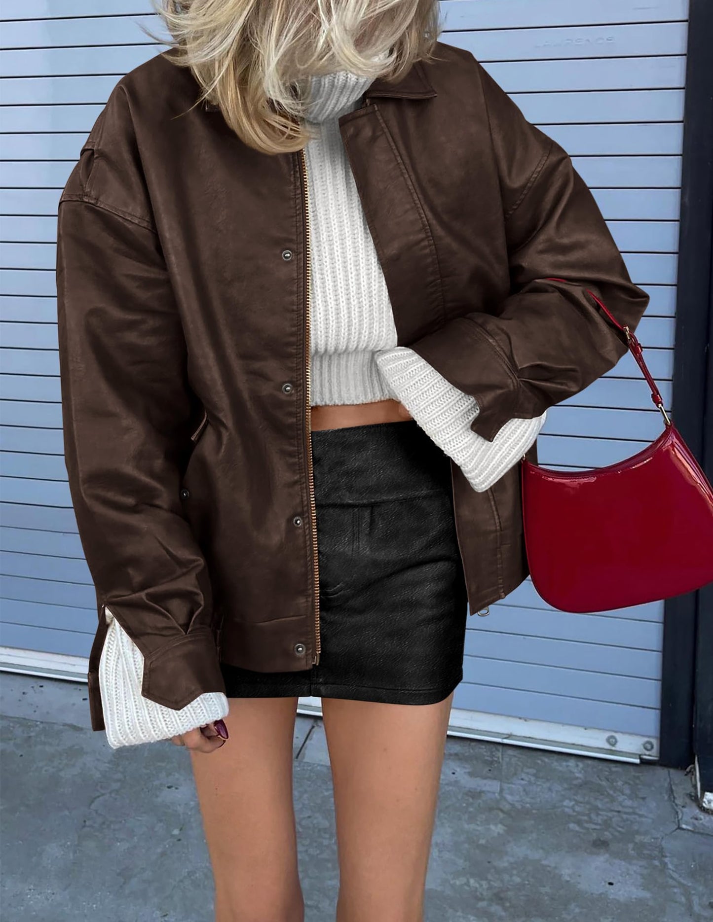 PRETTYGARDEN Women's Faux Leather Motorcycle Jacket Trendy Fall Spring Clothes Oversized Zip Up Winter Coat Outerwear (Dark Coffee,Large)