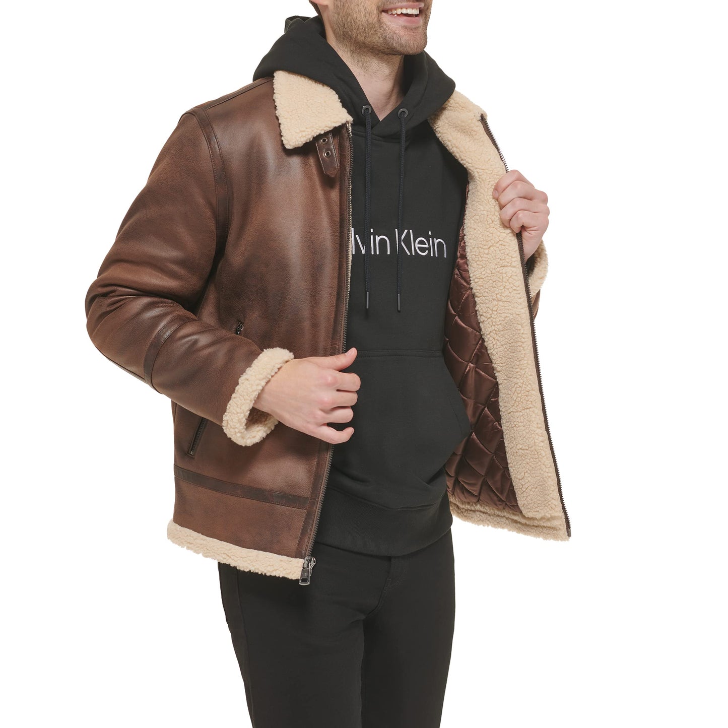 Calvin Klein Men's Faux Leather Jacket Men - Bomber Jacket With Shearling Lining, Brown, Medium