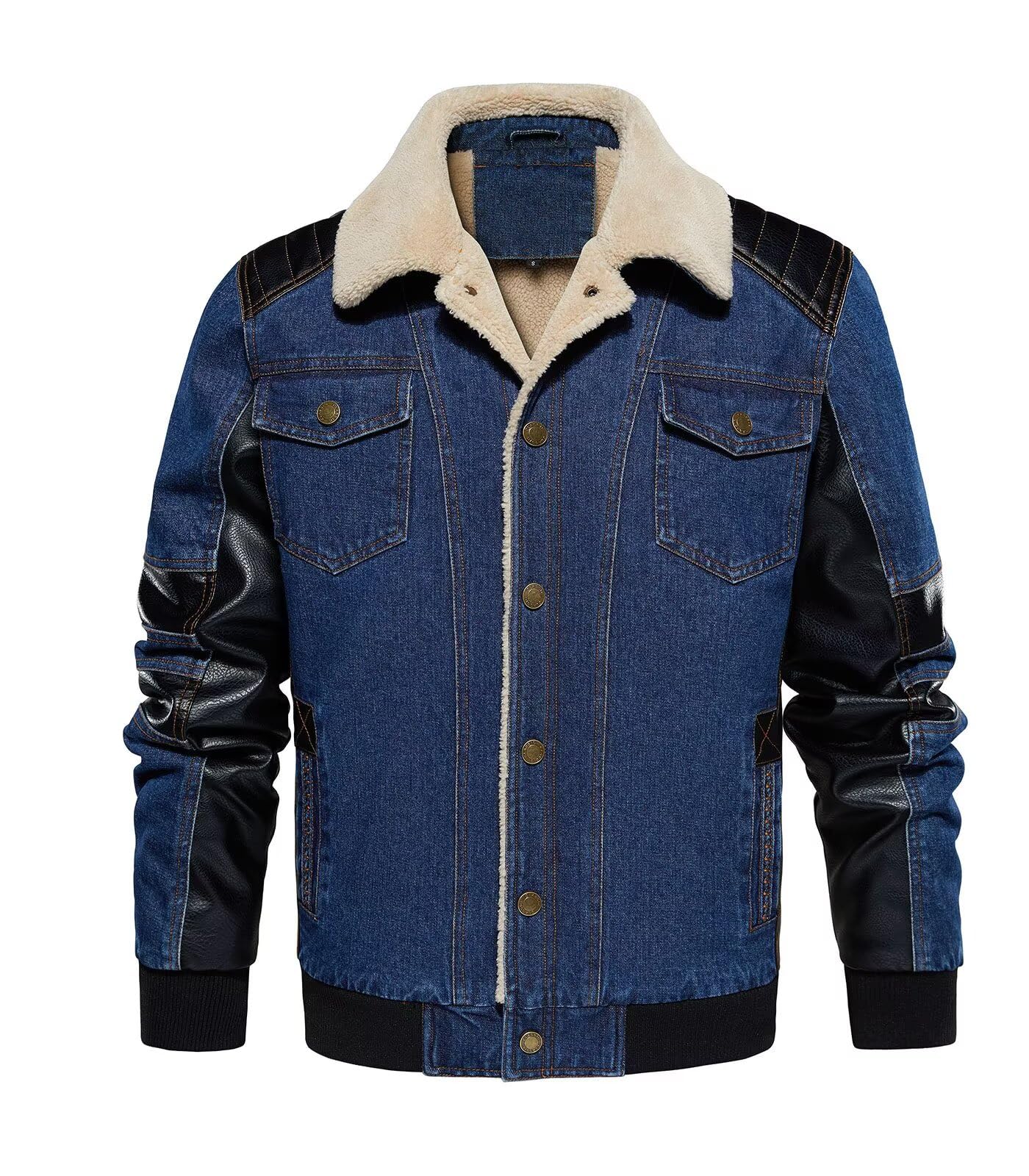 INVACHI Men's Denim Jaceket Vintage Fleece Lined Lapel Trucker Jacket with Leather Patchwork