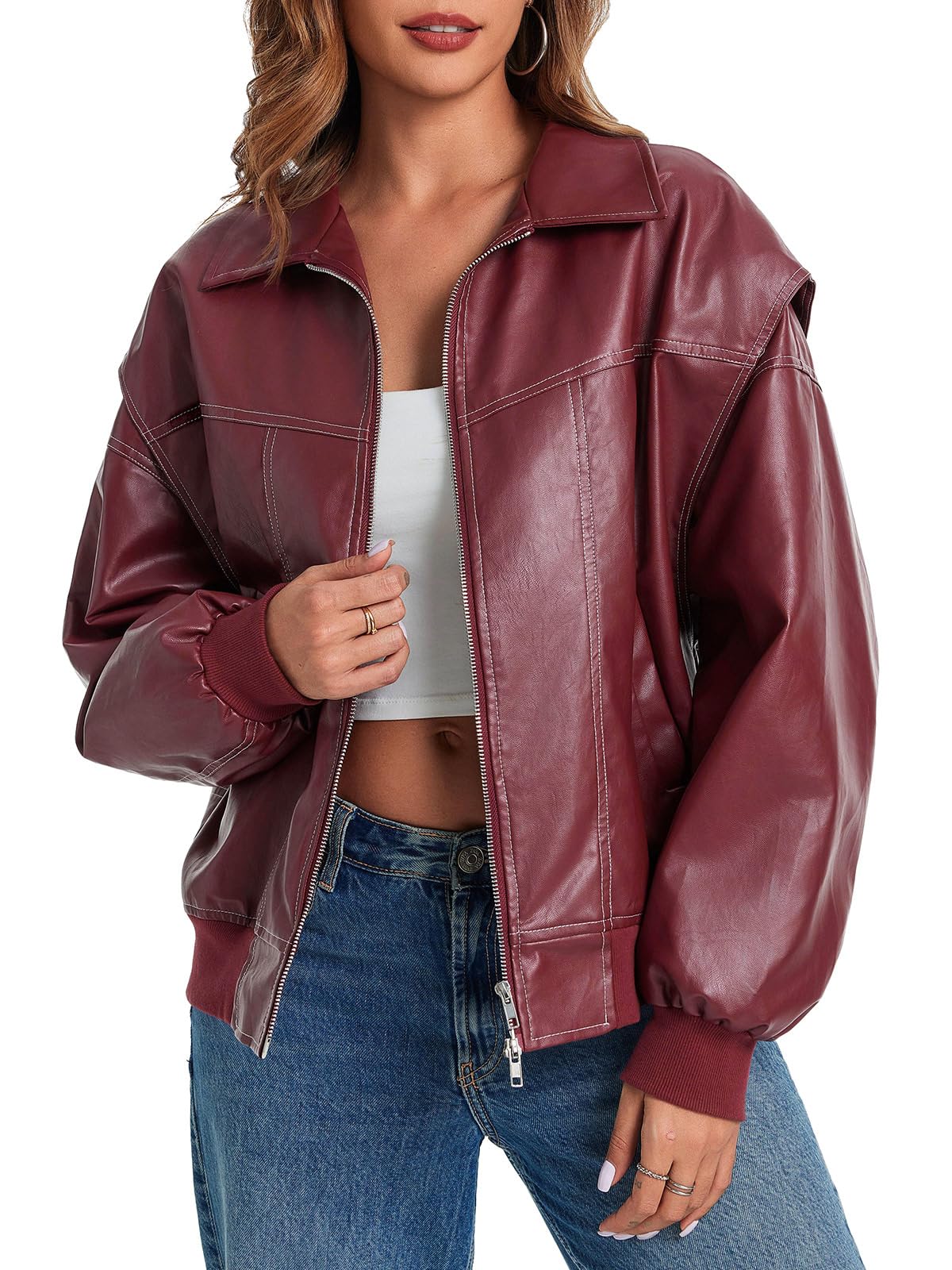 Tankaneo Womens Leather Jacket Faux Oversized Motorcycle Bomber Coats Jackets Fashion Outfits Clothes