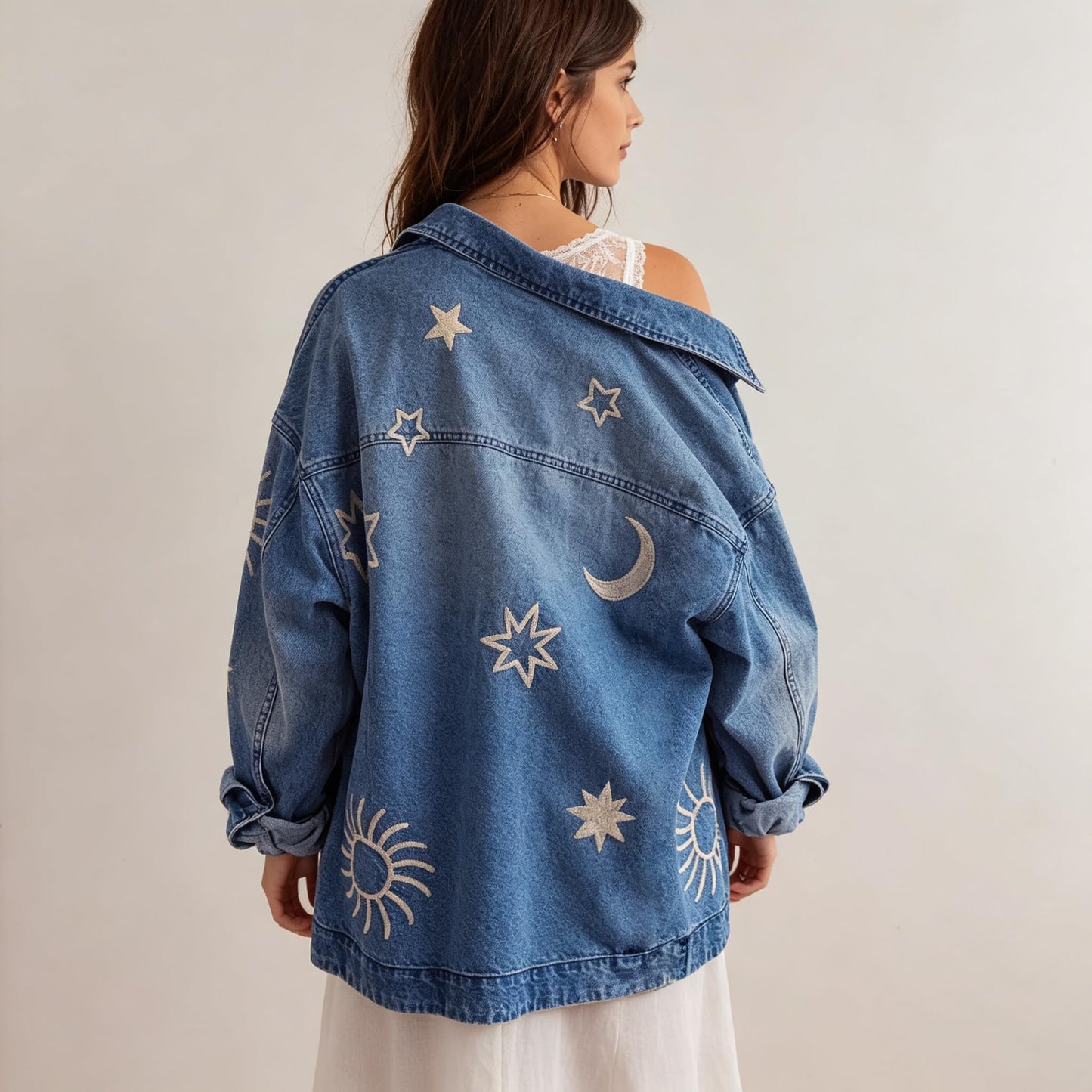 utcoco Women's Vintage Oversized Denim Jacket Embroidered Graphic Casual Loose Fit Button Down Jean Jacket (X-Large, Blue Embroidery)