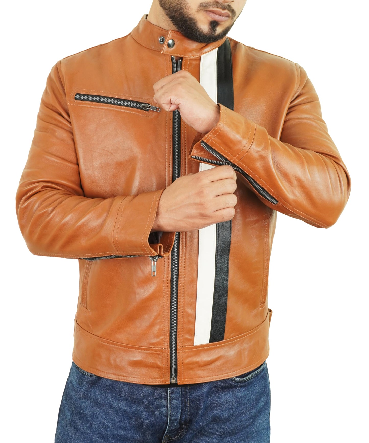 Cafe Racer Leather Jacket Men - Mens Brown Leather Jacket | Stripe Brown - L