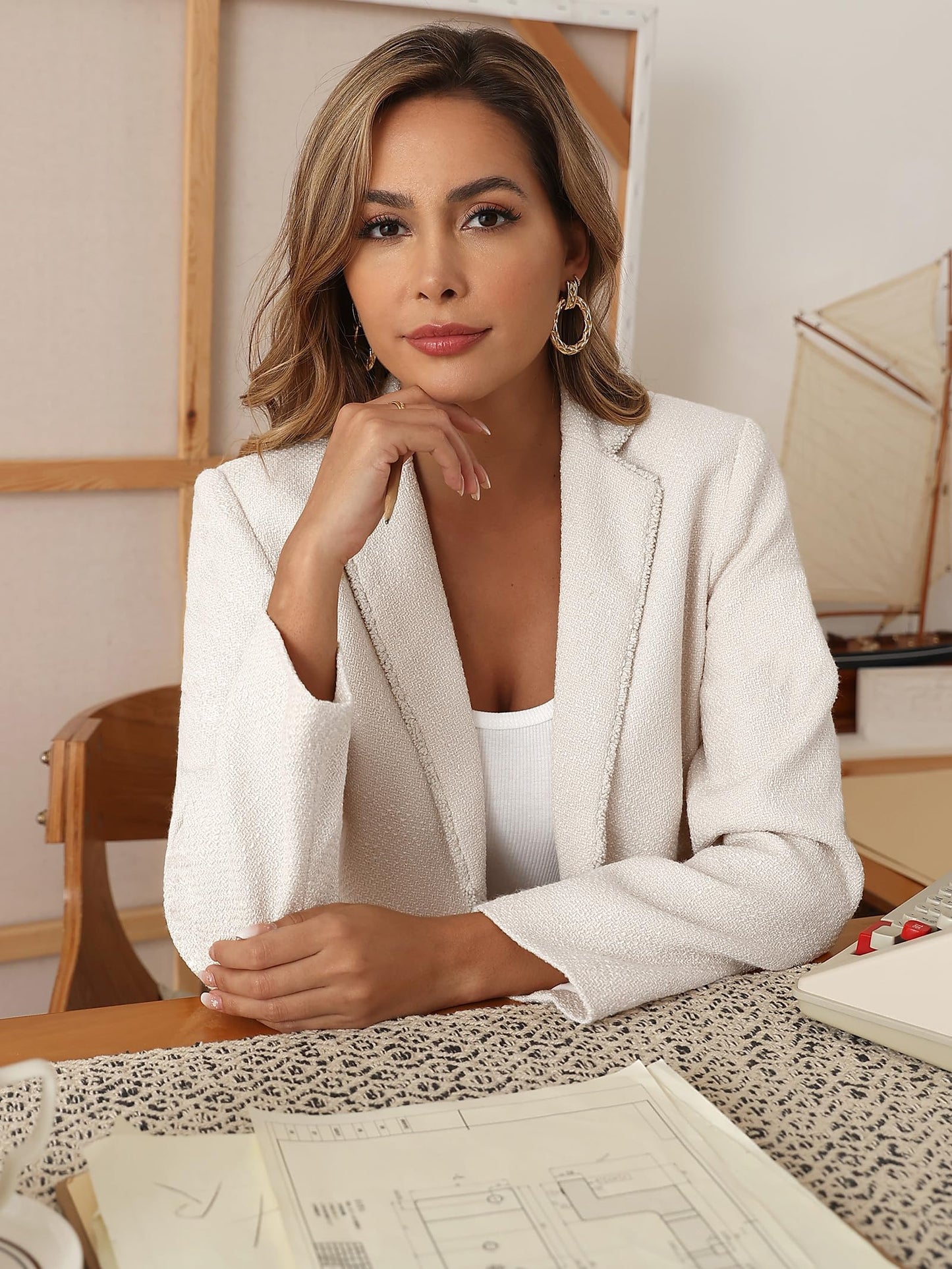M.Infisavo Women’s Cropped Tweed Jacket Blazer with Pockets Long Sleeve Open Front Notch Lapel Cardigan Elegant for Casual White