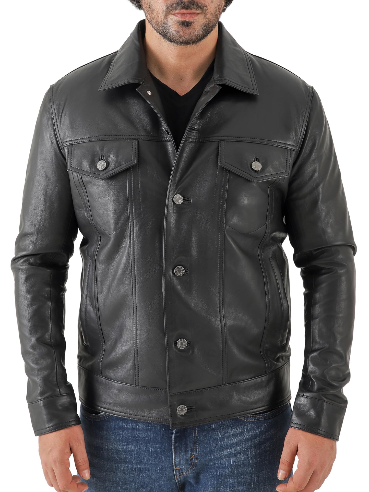 Jild Classic Trucker Fashion Leather Jacket Men - Premium Suede Leather Shirt Style Coat Jacket (Trkr-Blk-L)