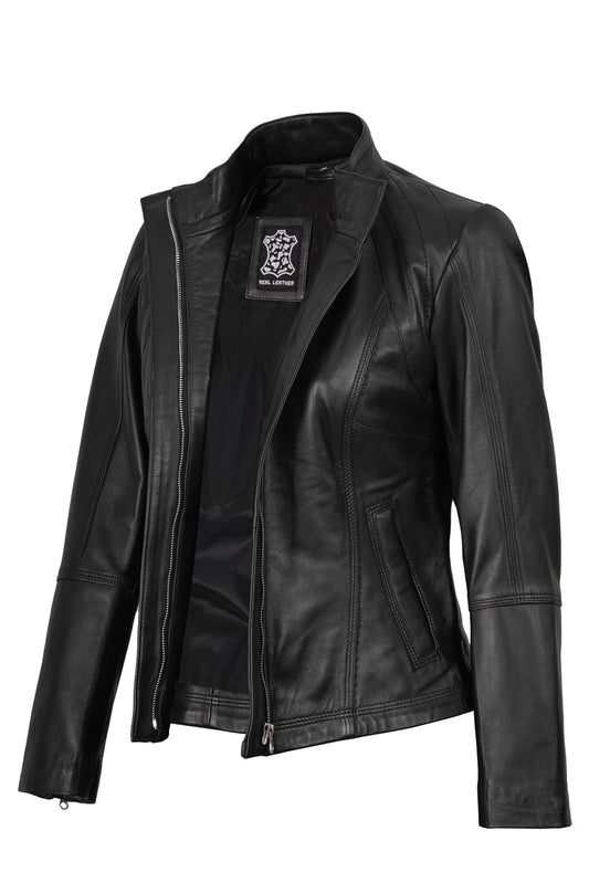 Decrum Disc Black Biker Leather Jacket Women - Leather Black Jacket for women | [1303412] Acerra Black, S