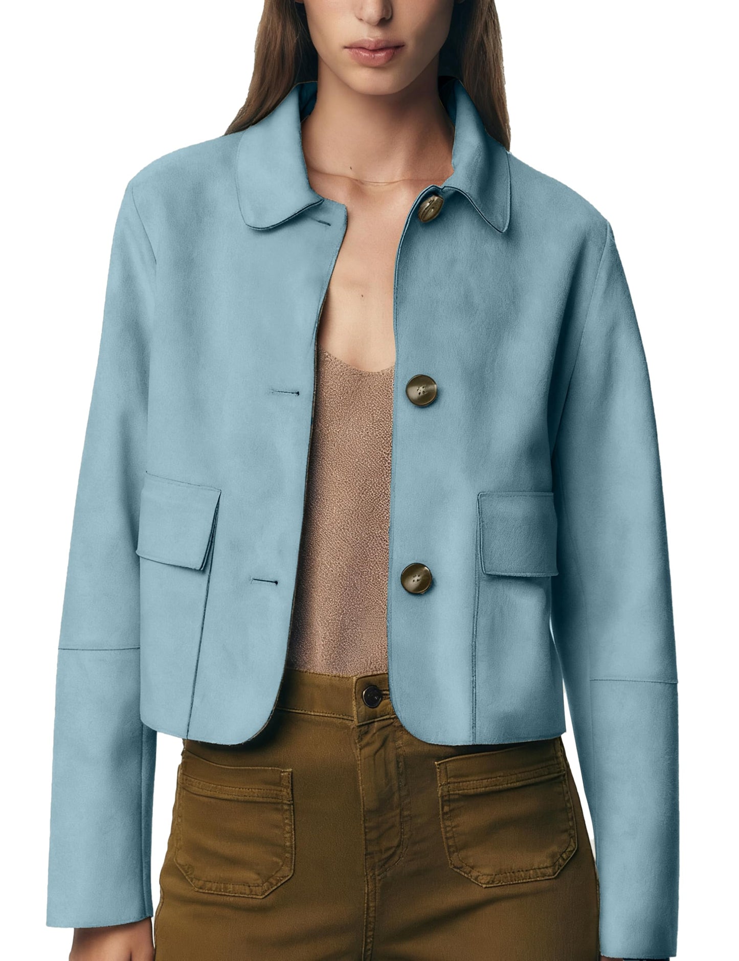Fhniepan Womens Fall Faux Suede Jacket Long Sleeve Lapel Button Down Bomber Jackets Trendy Going Out Casual Outwear with Pockets(Blue S)
