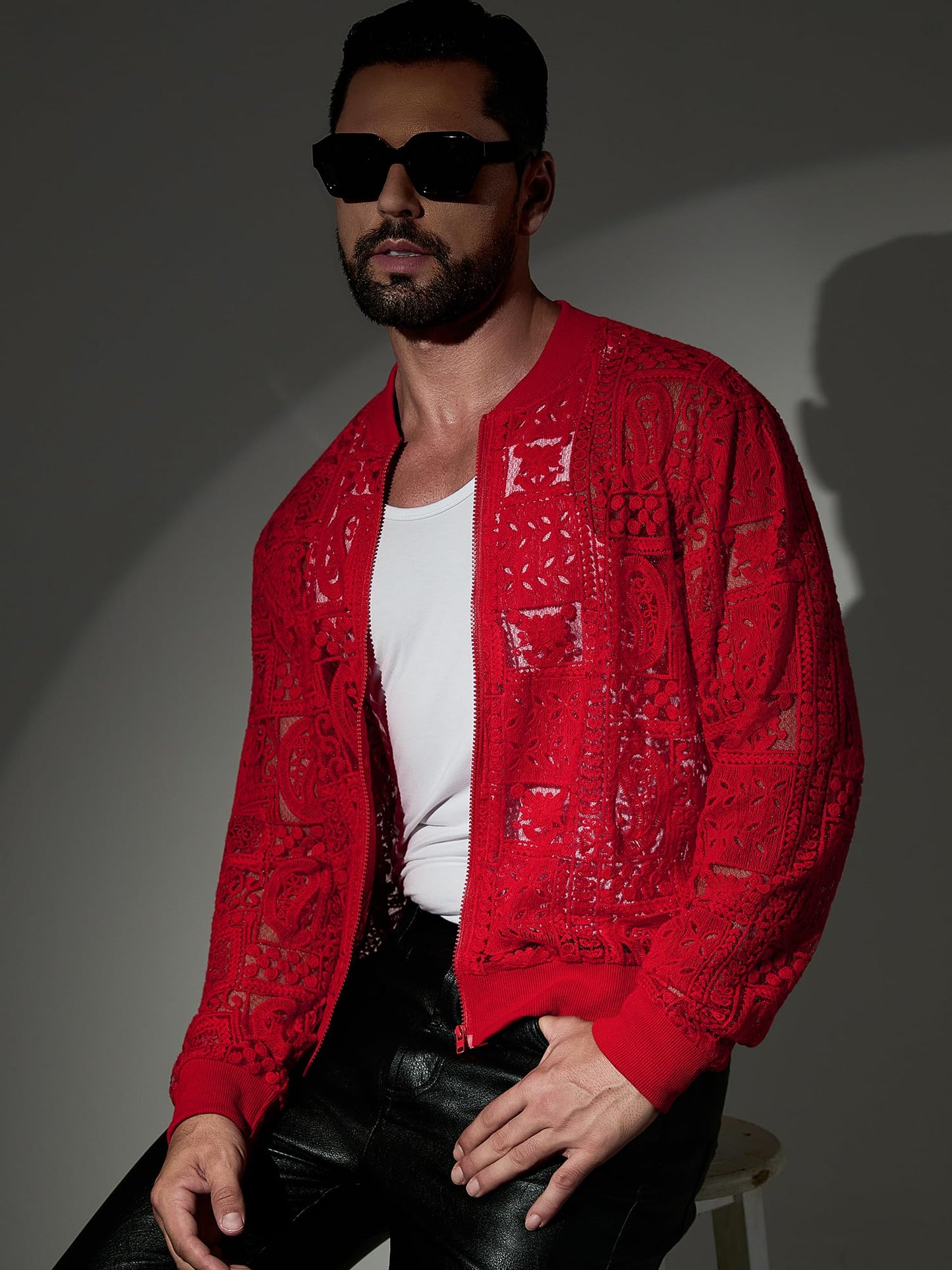 Csqopt Men's Floral Lace Zip Up Jacket Long Sleeve Crochet Sheer Coat Mesh Casual Outerwear Red M
