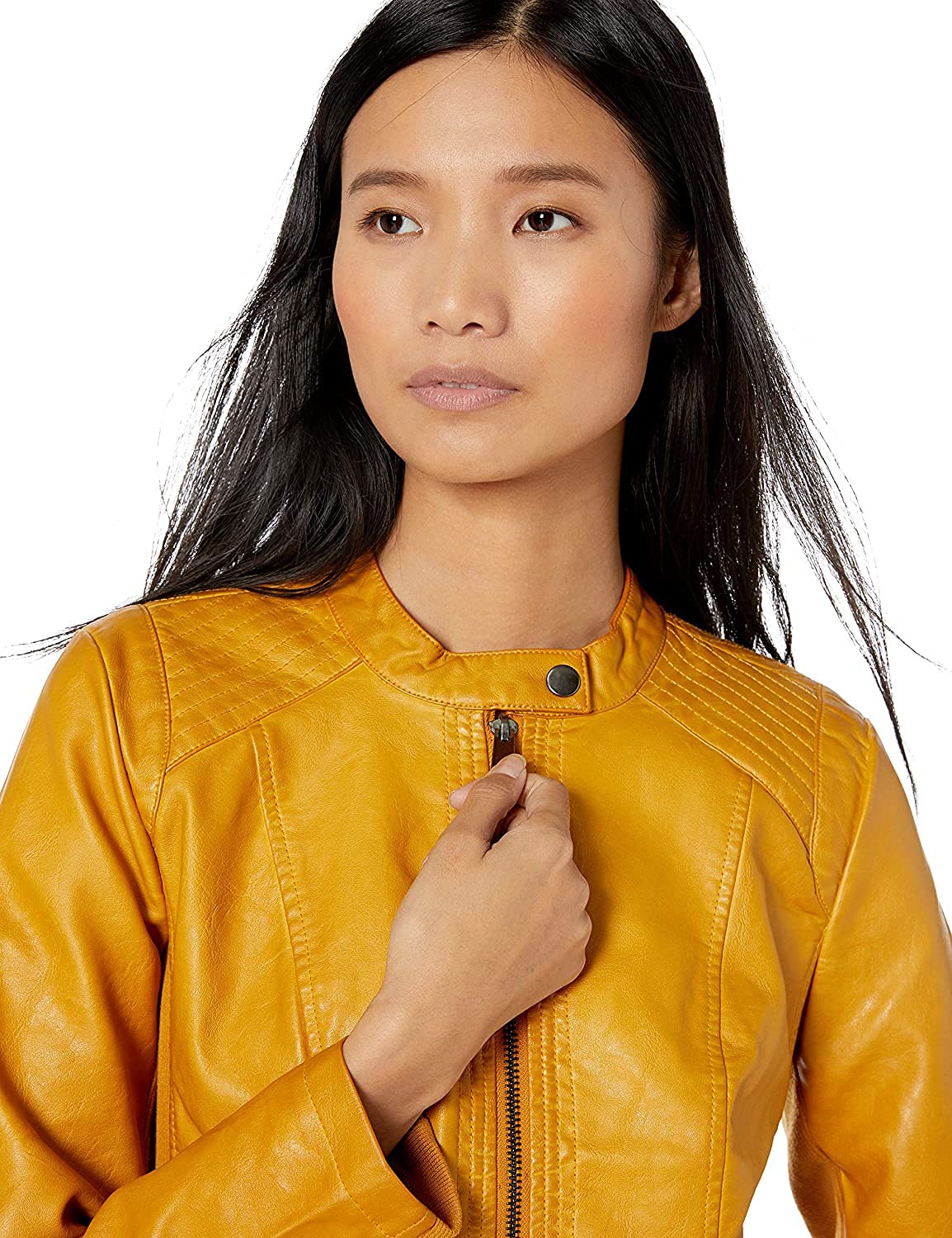 Sebby Collection Women's Faux Leather Jacket with Moto Details and Front Zip Pockets, Yellow, 1X
