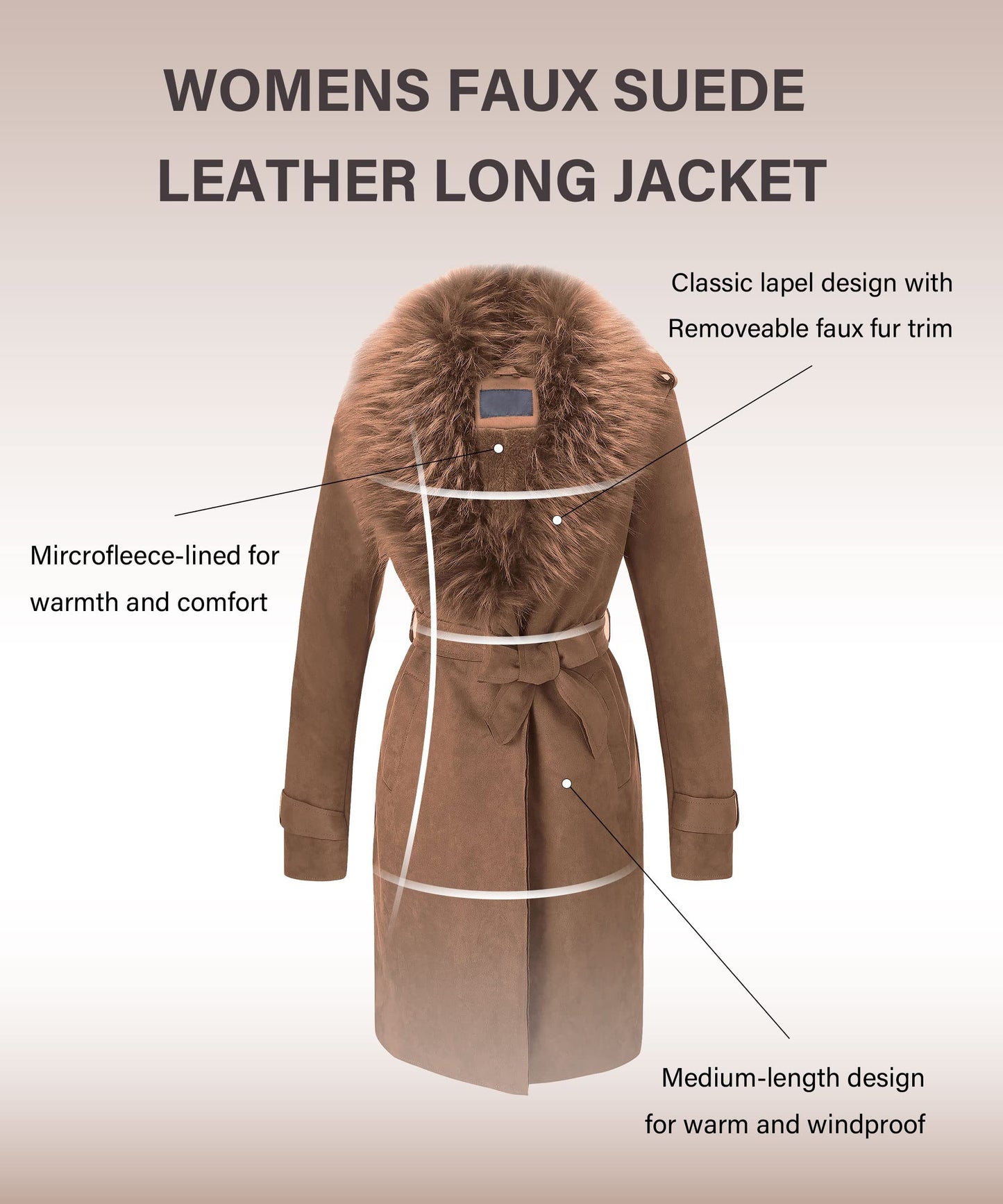 Bellivera Women Faux Suede Leather Jacket Coat with Removable Fur Collar FF20 D.Brown XL