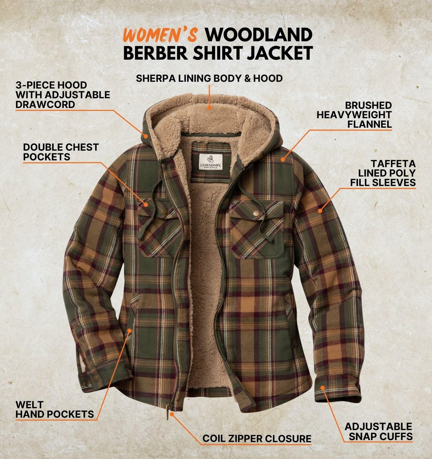 Legendary Whitetails Womens Hooded Shacket Berber Lined Shirt Jacket, Mossy Meadows, XL