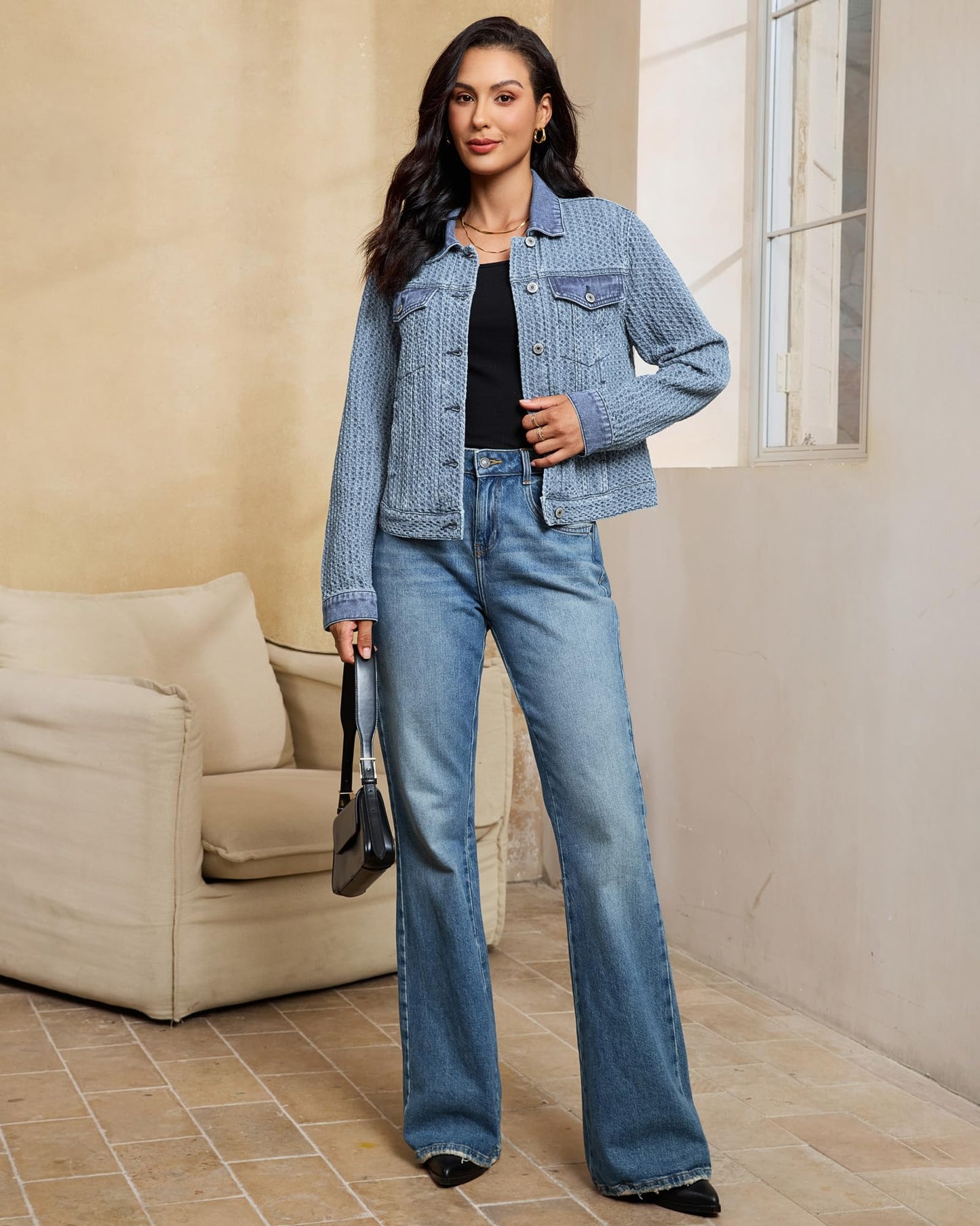 luvamia Jean Jackets for Women Trendy Womens Jean Jacket Medium Blue Denim Jacket for Women Western Jackets for Woman Medium Blue Size Medium Fits Size 8-10
