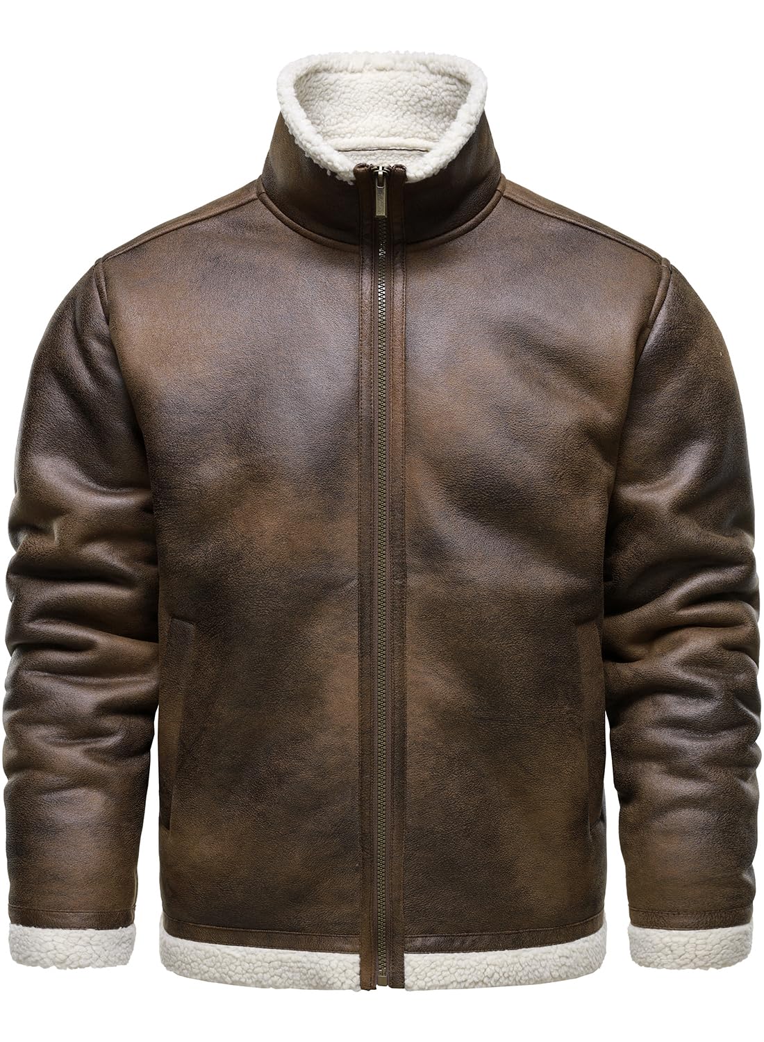 HOOD CREW Men’s Vintage Distressed Jacket Winter Warm Faux Shearling Leather Bomber Jackets Motorcycle Biker Coats Brown M