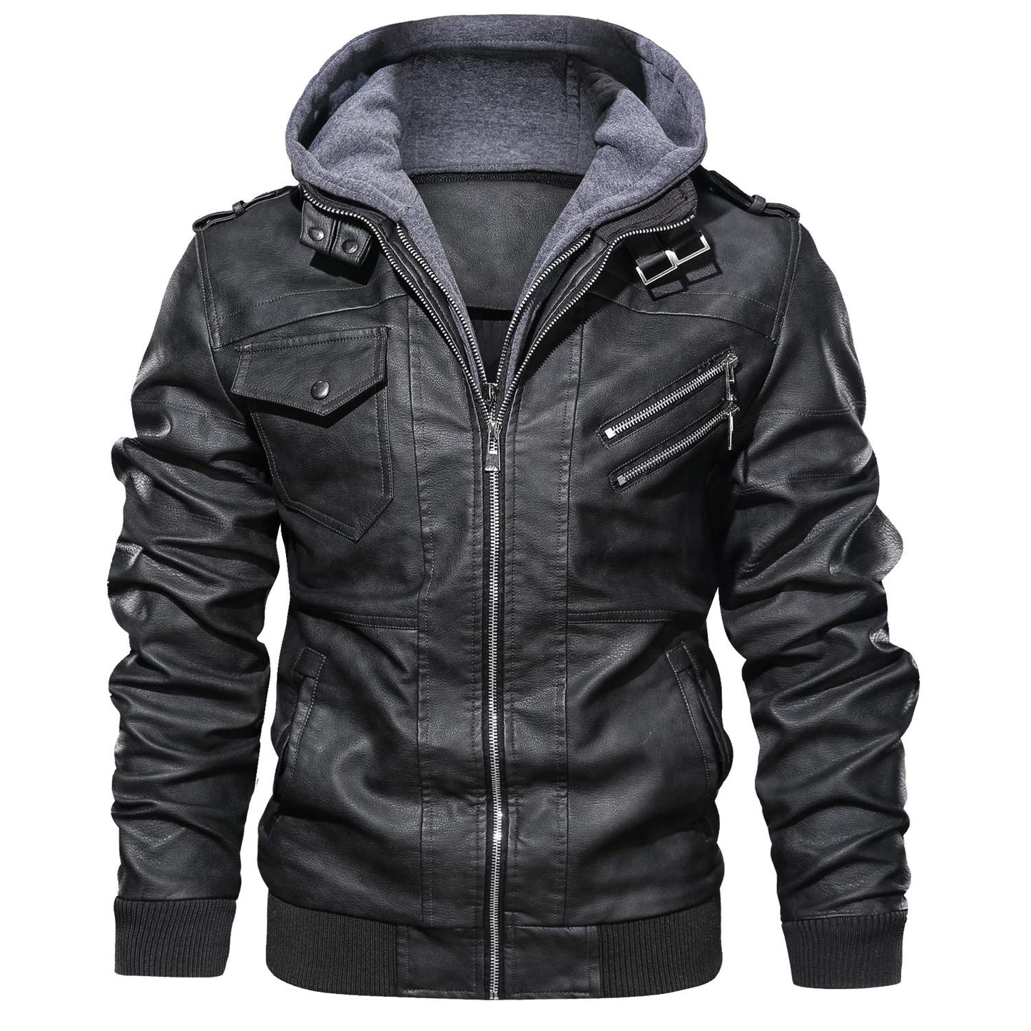 JYG Men's Faux Leather Jacket Stand Collar Motorcycle Bomber Jackets with Removable Hood (Black,S)