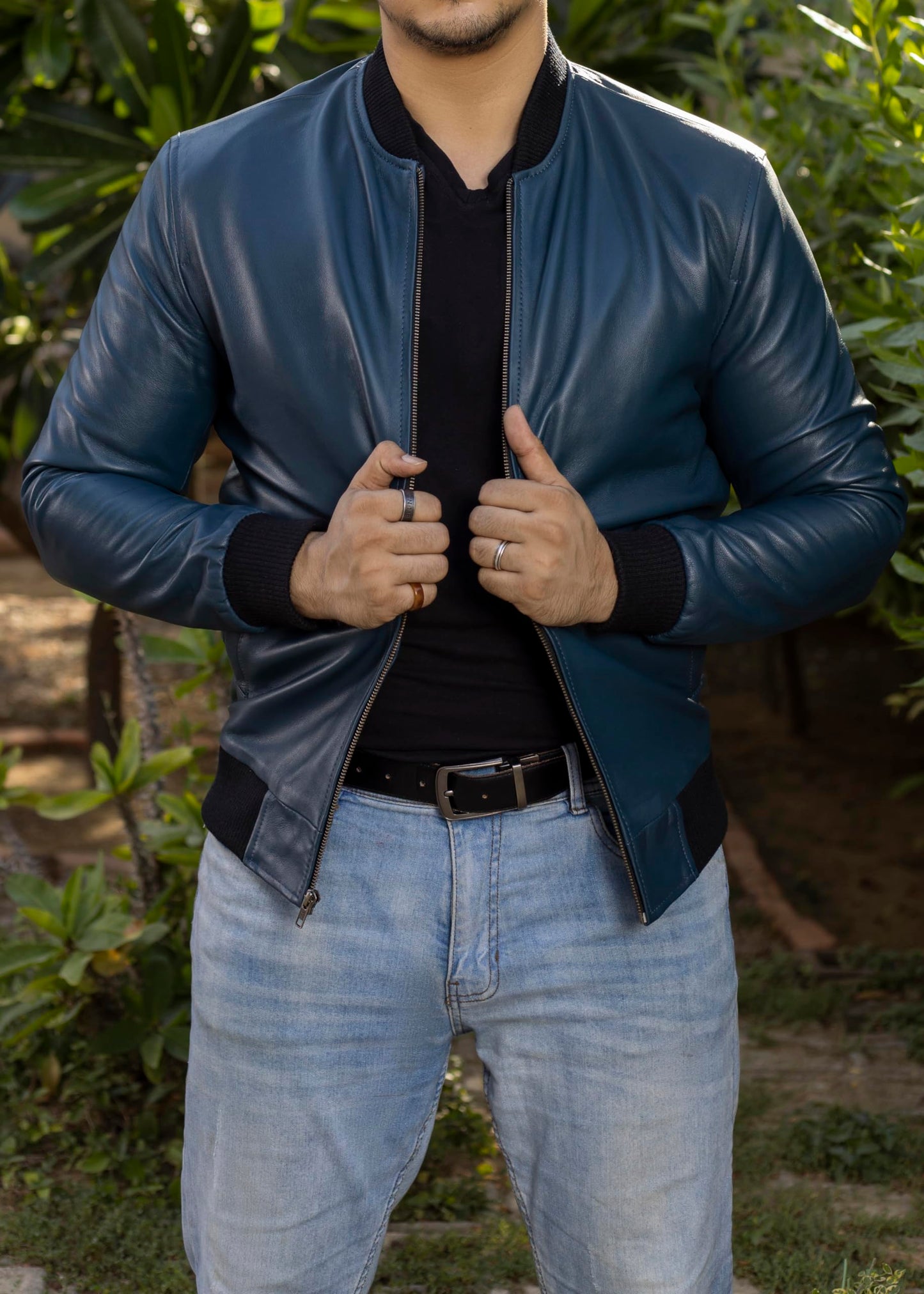 Jild Varsity Style Leather Bomber Jacket Men - Genuine Lambskin Men's Casual Fashion Classic MA-1 Leather Jacket (Rib-Blue-M)