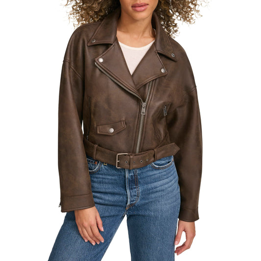 Levi's Women's Faux Leather Cropped Moto Jacket, Dark Brown Faux Suede, X-Large
