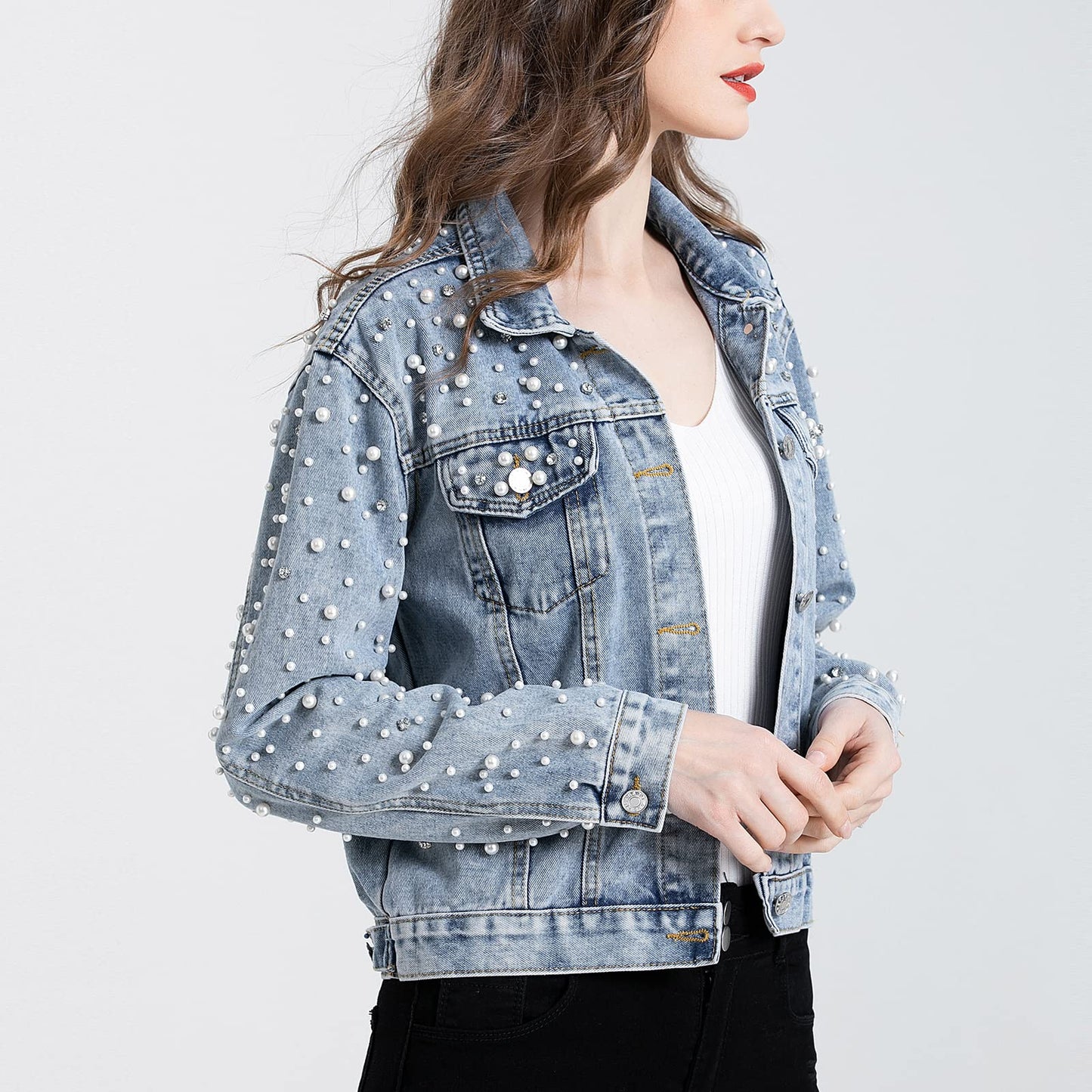 LifeShe Women's Pearls Denim Jacket Cropped Rhinestones Jean Jacket Coat