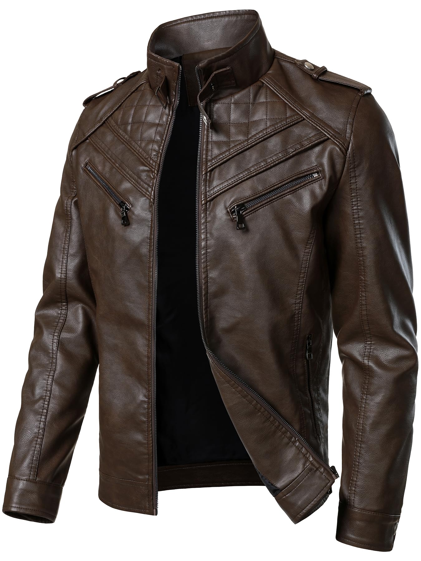 HOOD CREW Men’s Faux Leather Jackets Vintage Biker Motorcycle Jacket for Men Coffee L