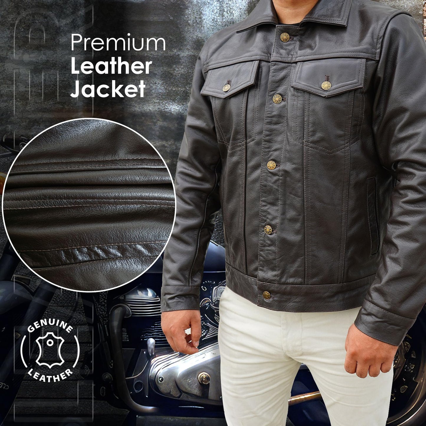 PPE FIT Real Lambskin Vintage Trucker Jacket Men - Motorcycle Fashion Leather Jacket Men,Shirt Collar Jackets For Mens (3XL, Dark Brown)