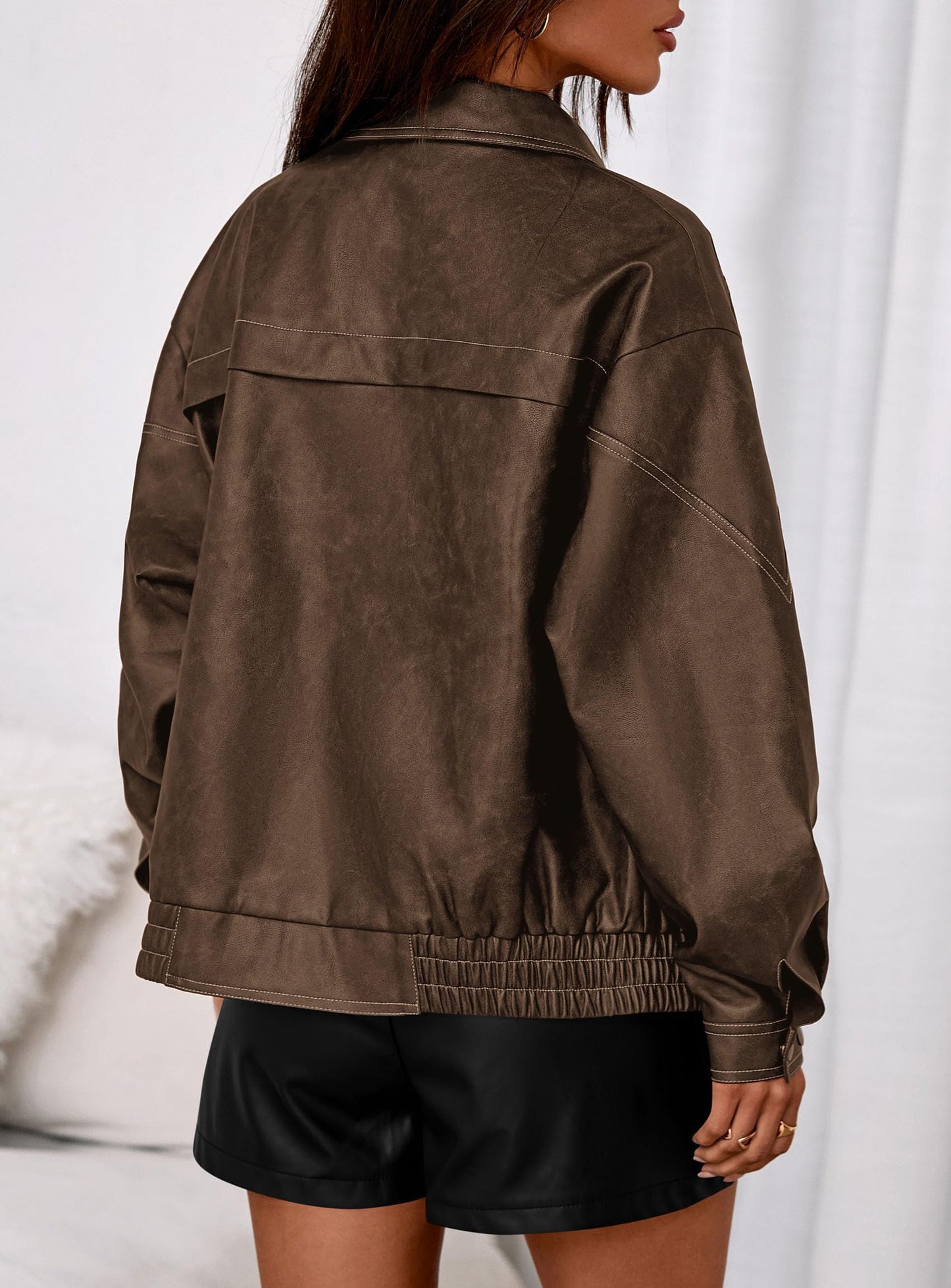 PRETTYGARDEN Faux Leather Jacket Women Bomber Motorcycle Zip Up Jackets Oversized Fall Fashion Outfits 2026 Winter Coats (Brown,Medium)