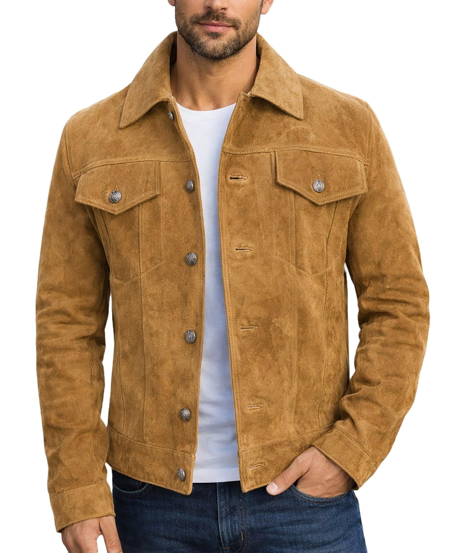 LP-FACON Mens Trucker Brown Suede Western Style Cowboy Leather Jacket XL