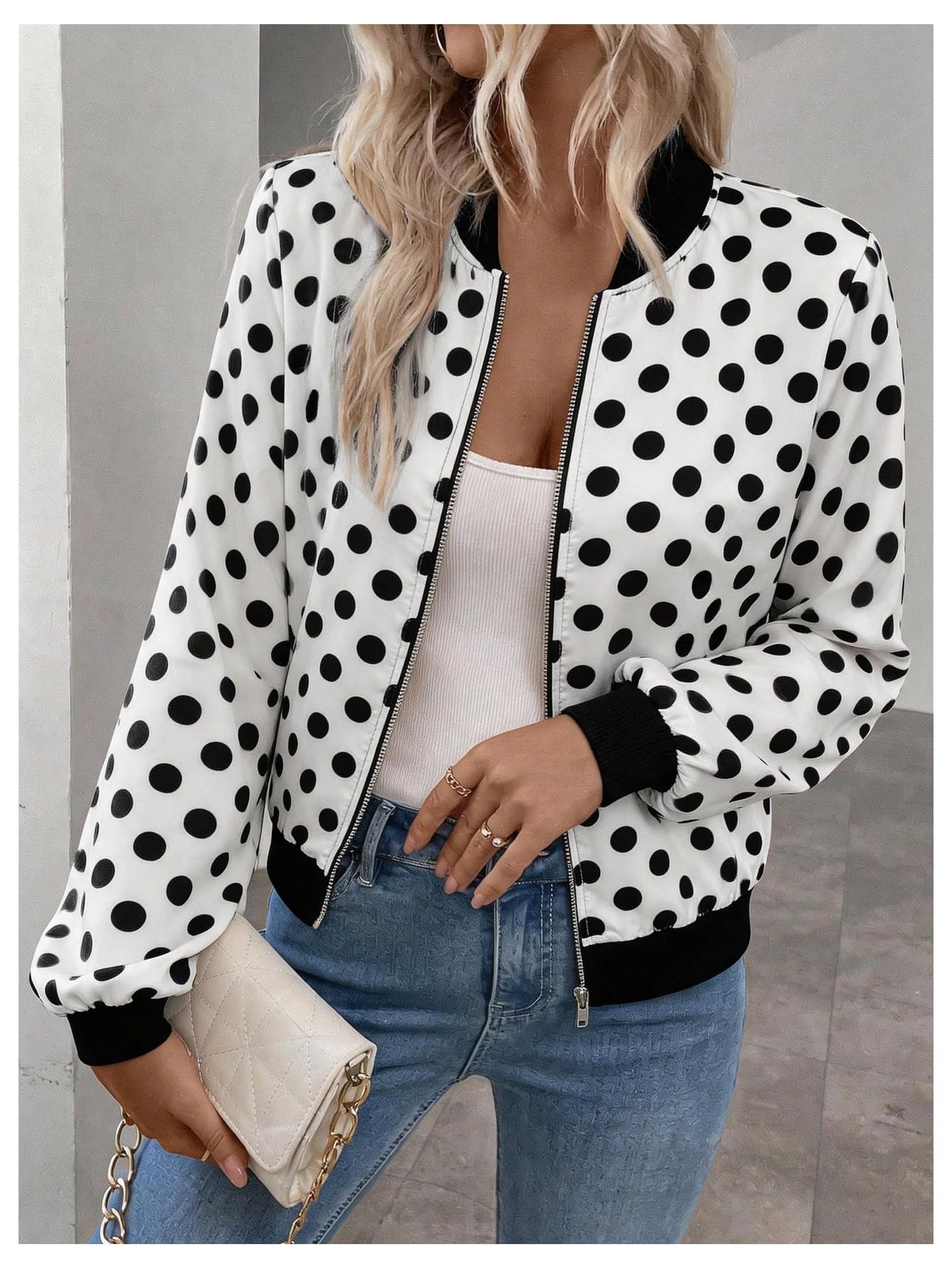SOLY HUX Women's Polka Dots Bomber Jacket Zip Up Long Sleeve Lightweight Jackets Casual Outerwear Black and White Medium