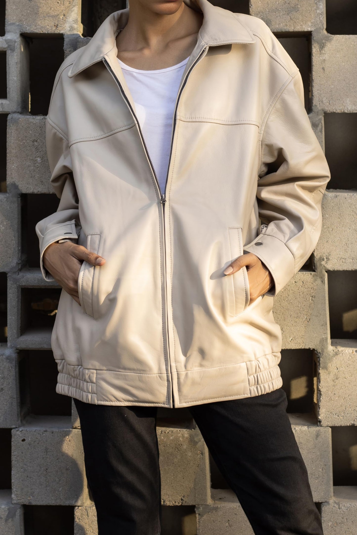 Jild Oversized Leather Jacket Women - Lambskin Leather Fall Jacket for Womens Fashion Plus Size Outfits (OSW-A.White-M)
