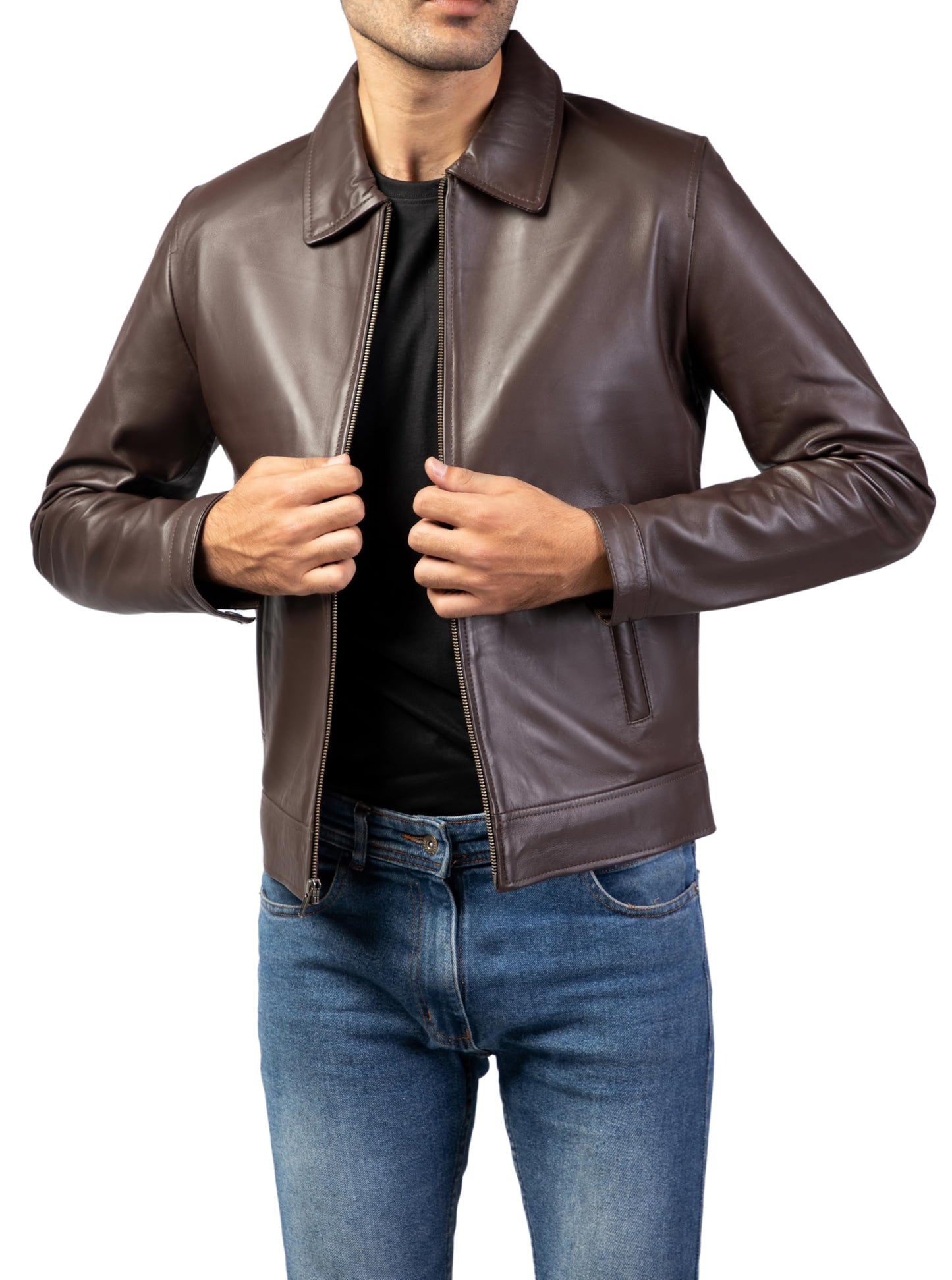 Jild Polo Collar Premium Leather Jacket Men - Old School Classic Style Everyday Wear Real Lambskin Mens Leather Jacket (Polo-Brown-M)