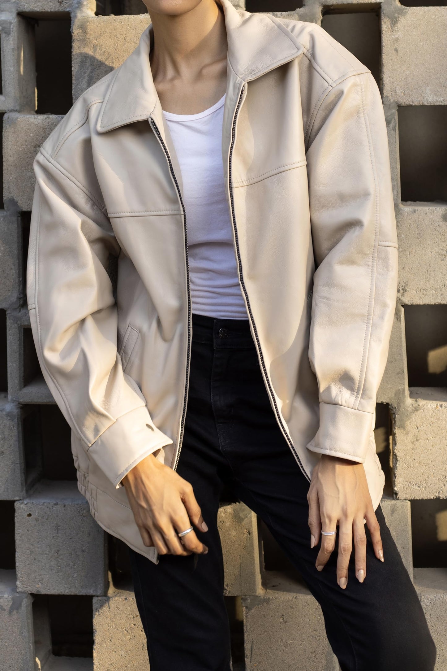 Jild Oversized Leather Jacket Women - Lambskin Leather Fall Jacket for Womens Fashion Plus Size Outfits (OSW-A.White-M)