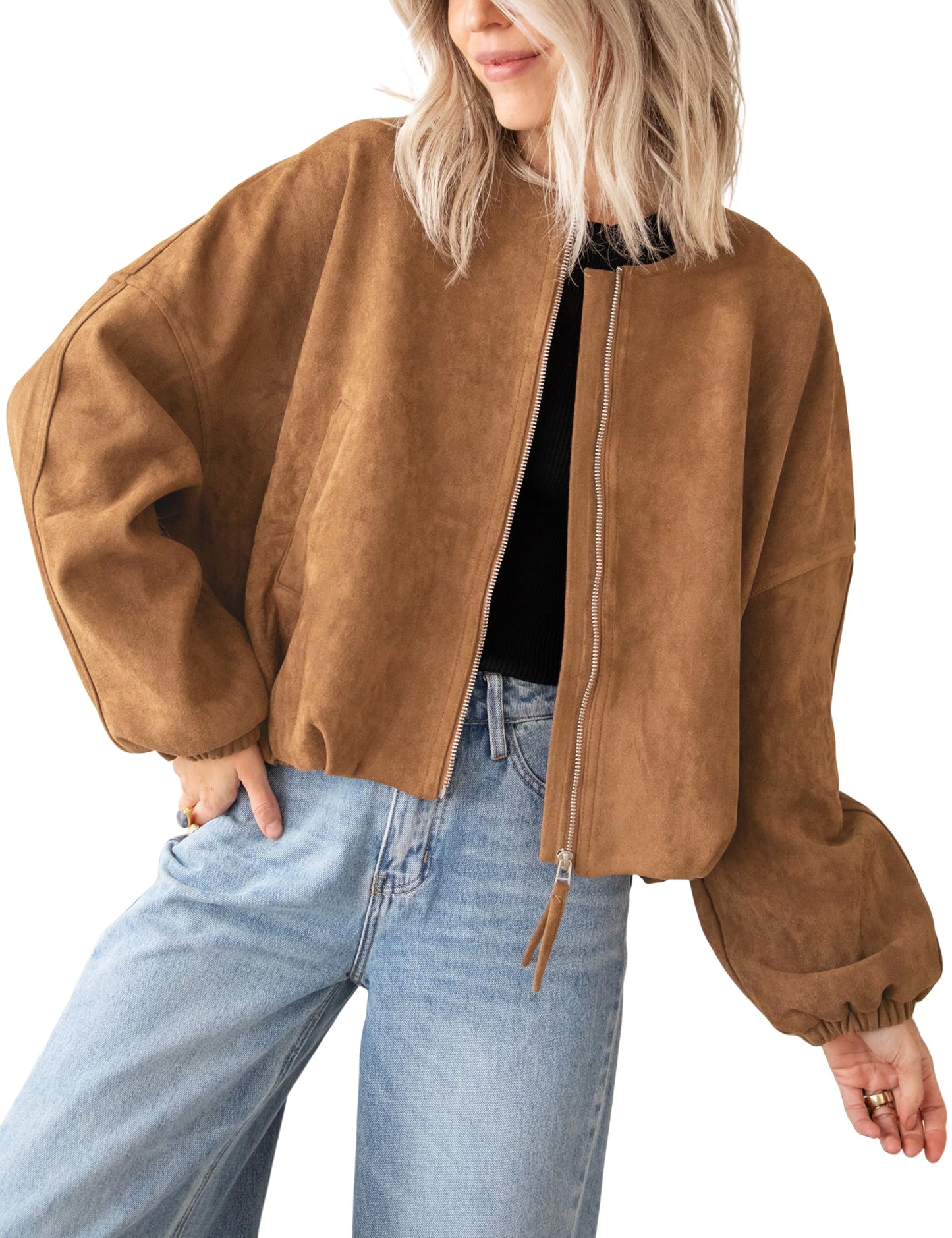 Tanming Womens Faux Suede Leather Jacket Casual Oversized Long Sleeve Zip Up Bomber Jackets Coats Outerwear(Brown-S)