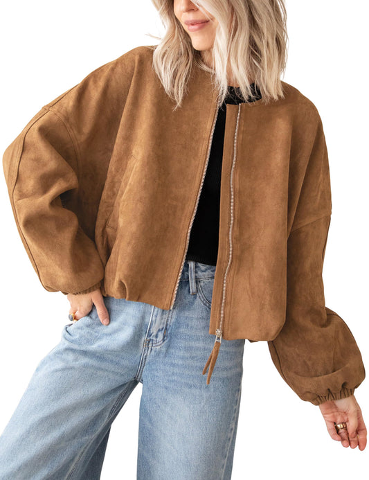 Tanming Womens Faux Suede Leather Jacket Casual Oversized Long Sleeve Zip Up Bomber Jackets Coats Outerwear(Brown-S)
