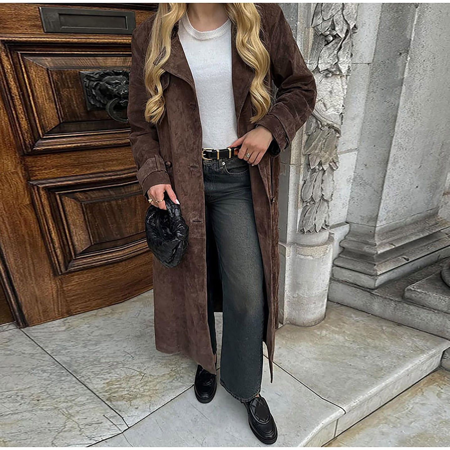 utcoco Womens Faux Suede Long Trench Coat Notched Lapel Double Breasted Pea Coat Overcoat with Belt (Small, Brown)