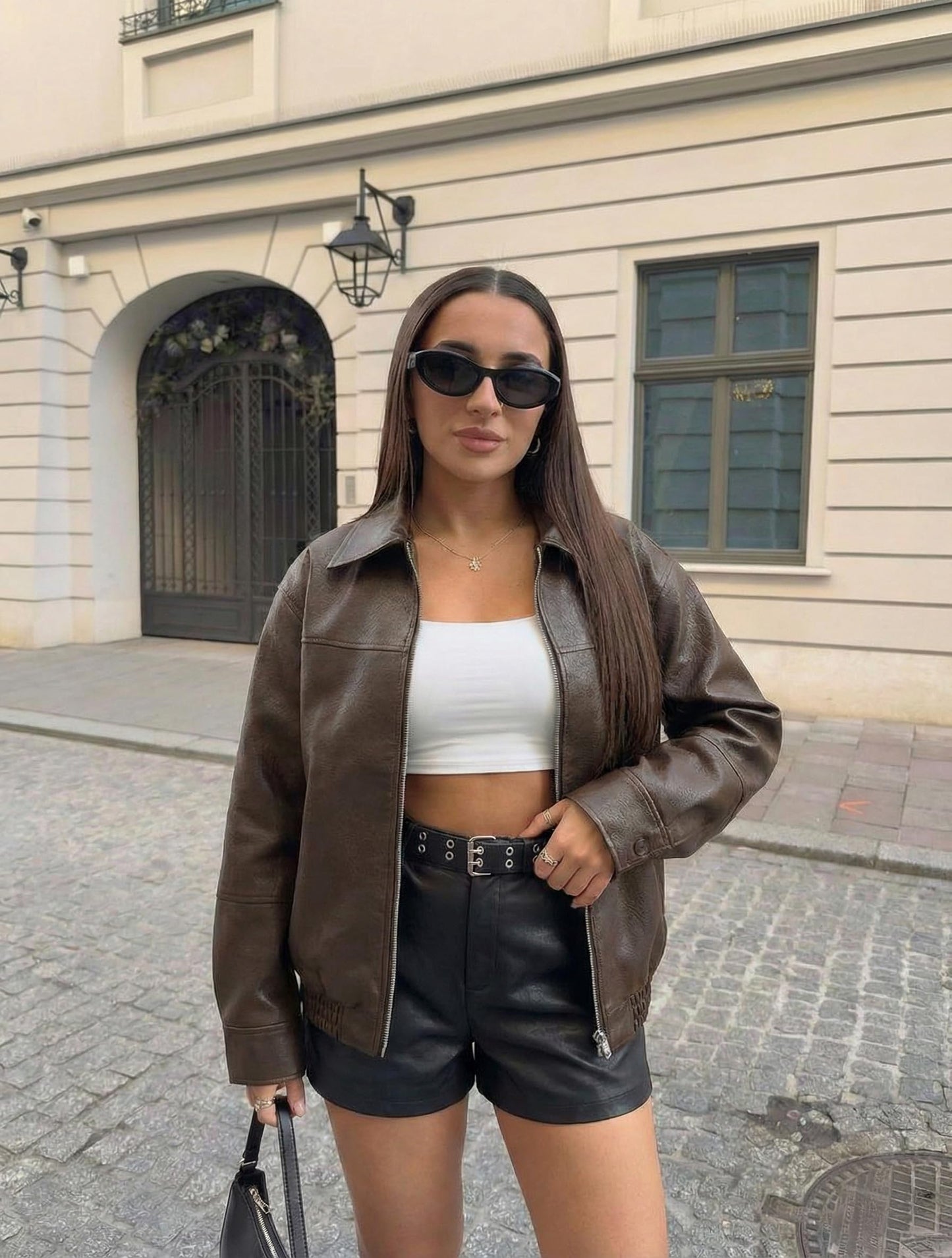 FOMELY Faux Leather Jacket Women Oversized Bomber Motorcycle Y2K Moto Biker Racer Fall Coat with Pockets 2026 Trendy Brown Pleather Zip Up Winter Medium Size 8 10