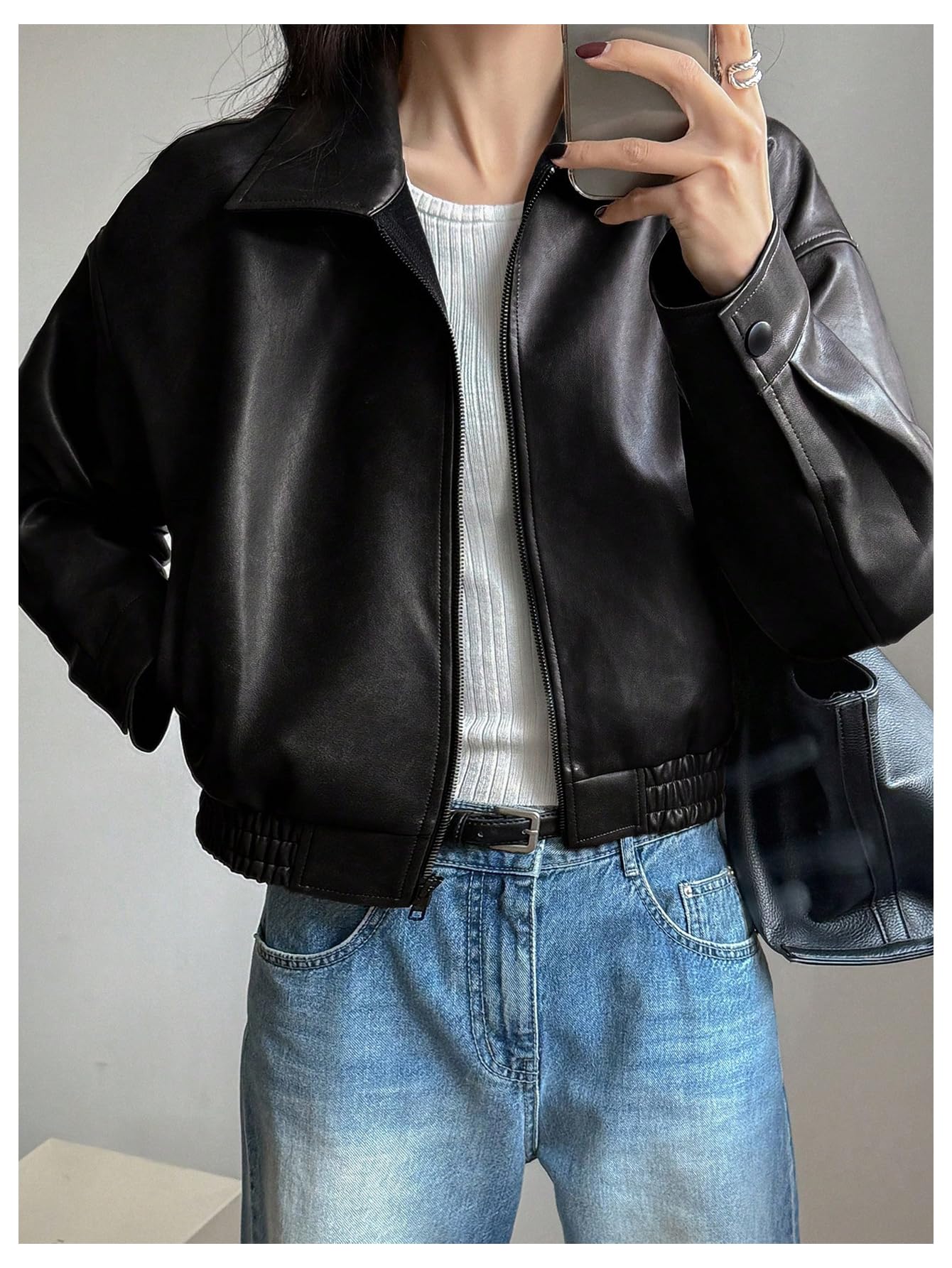 Milumia Women's Faux Leather Zip Up Jacket Vintage Collared Long Sleeve Motorcycle Jackets Black Small