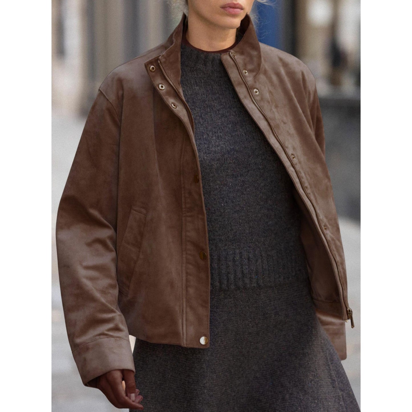Xunger Women's Cropped Faux Suede Jacket Casual High Neck Utility Button Front Coat Streetwear Outerwear with Pockets(1090-Brown-M-RD)